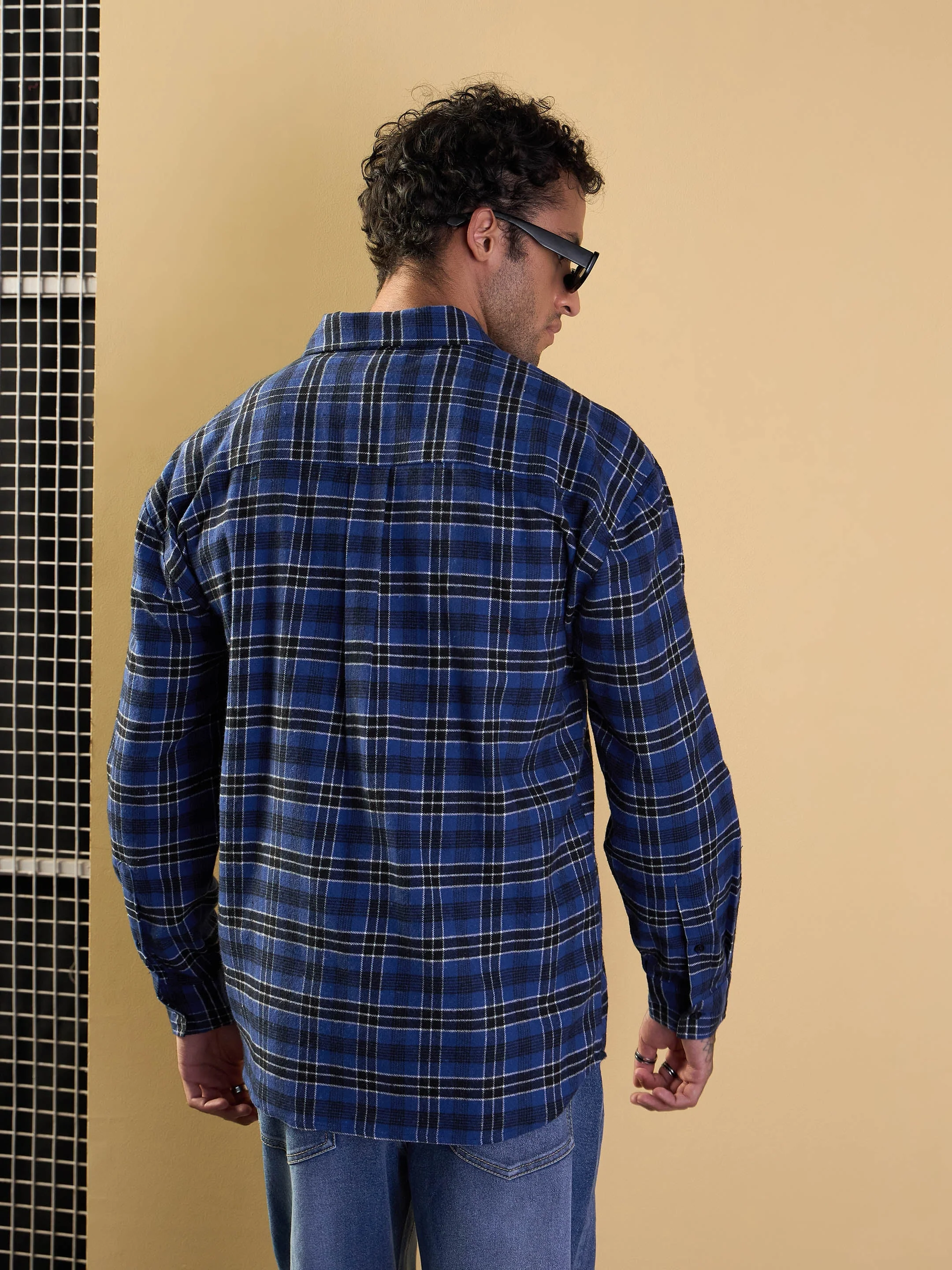 Men Blue & Black Check Patch Pocket Oversize Shirt - Image 5
