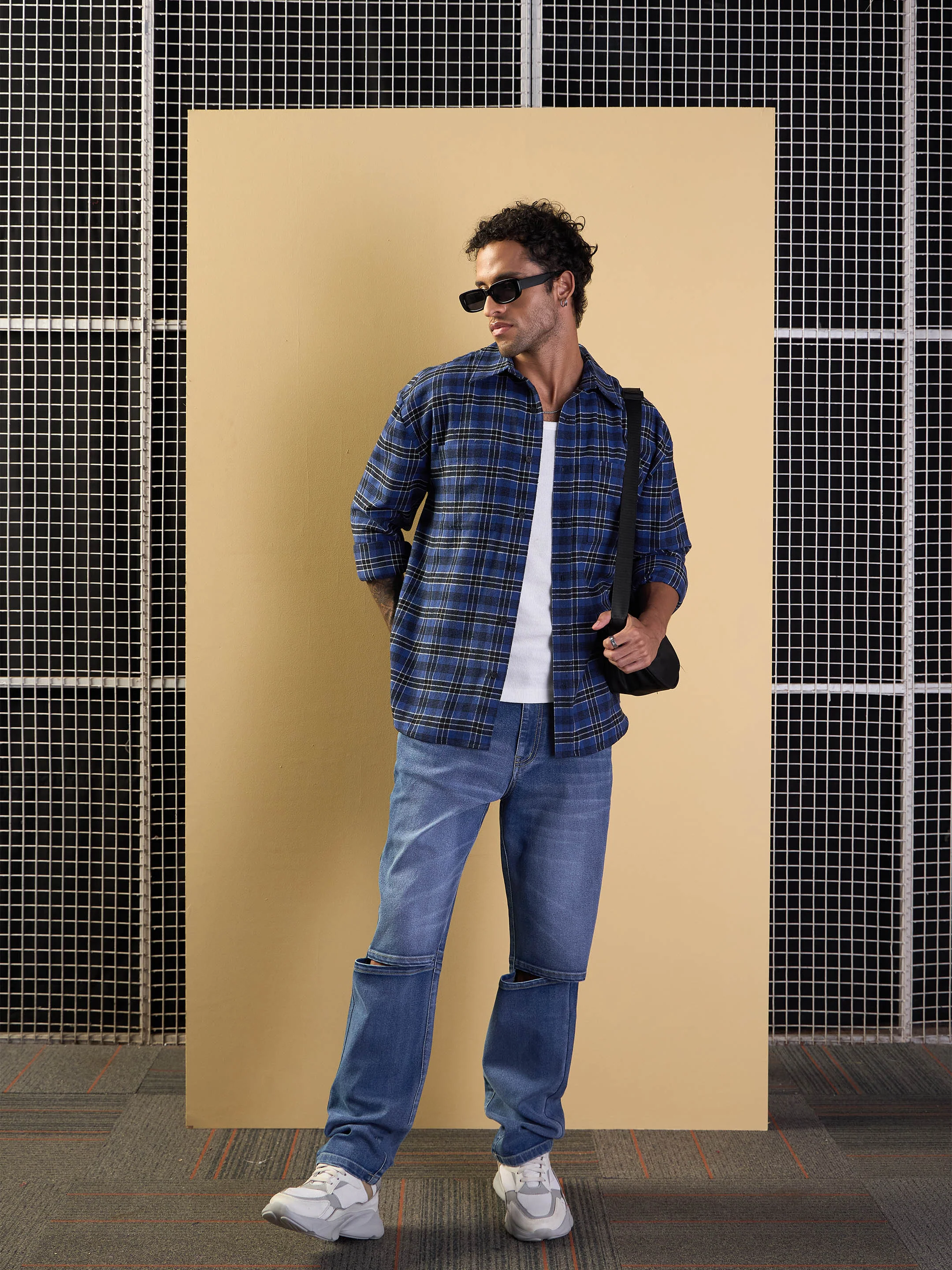 Men Blue & Black Check Patch Pocket Oversize Shirt - Image 6