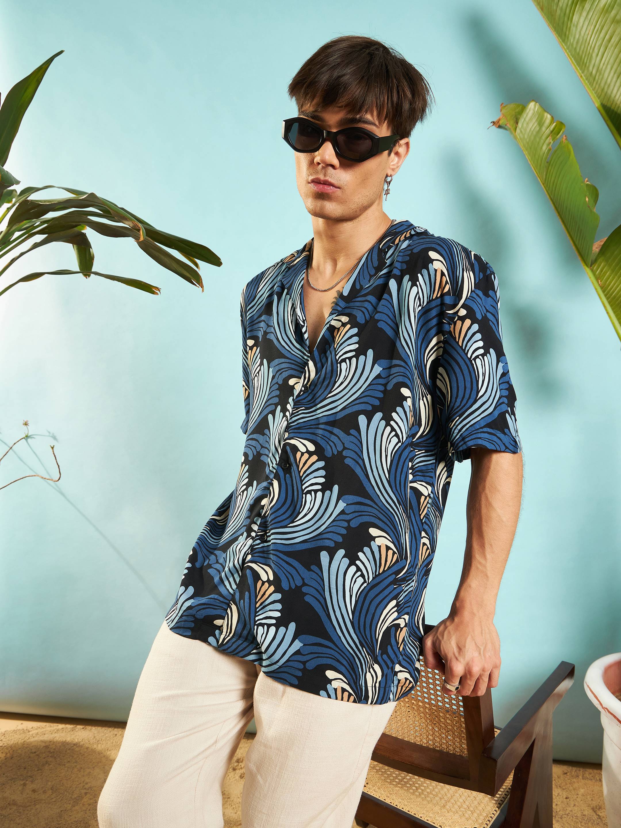Men Blue & Black Conversational Print Relax Fit Shirt - Image 2