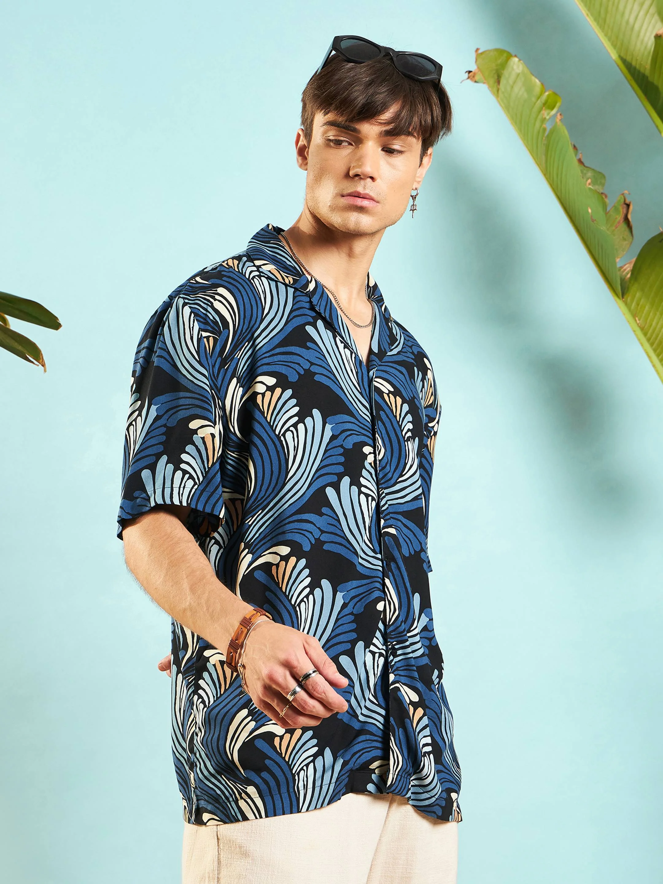 Men Blue & Black Conversational Print Relax Fit Shirt - Image 3