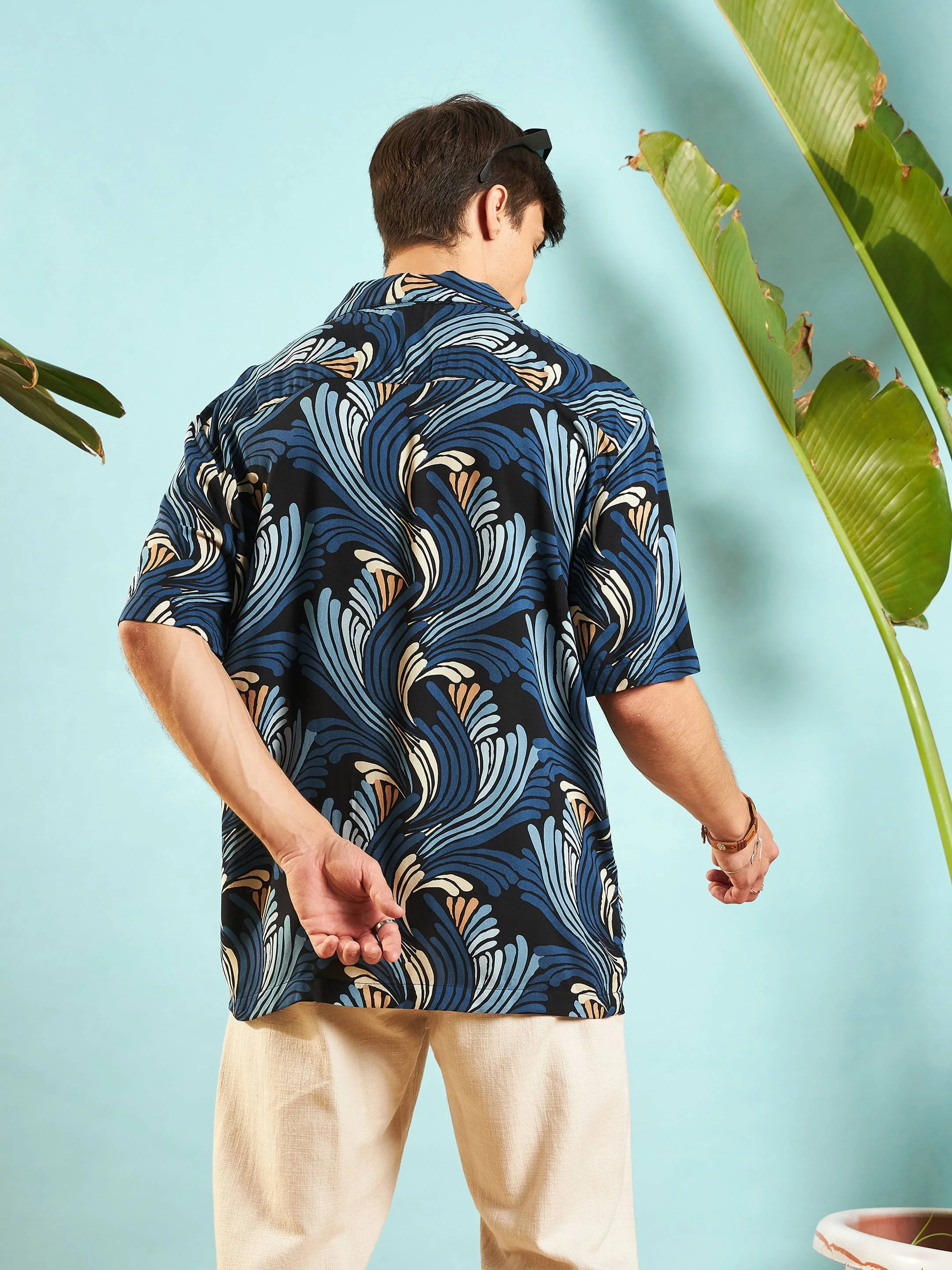 Men Blue & Black Conversational Print Relax Fit Shirt - Image 5