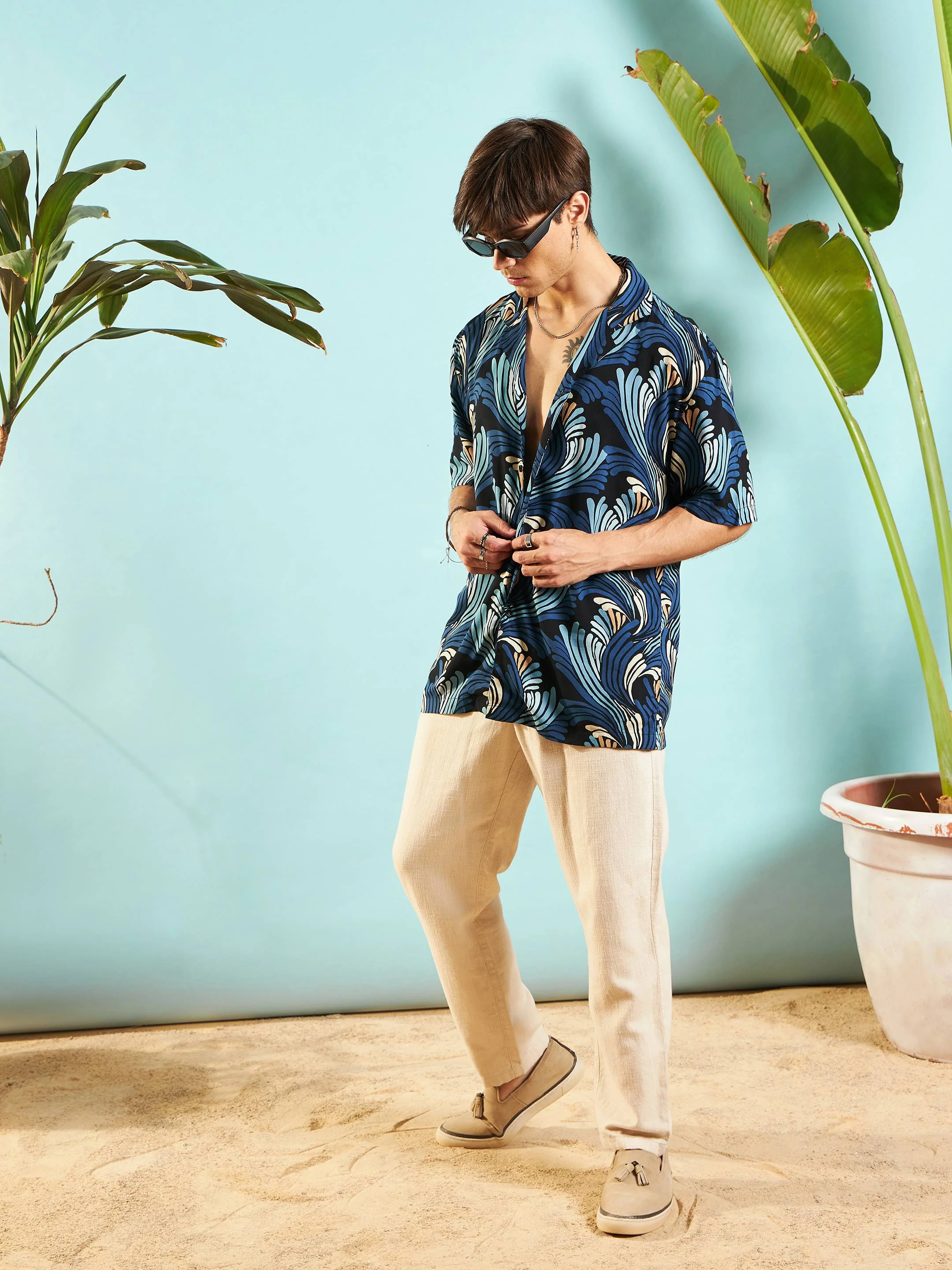 Men Blue & Black Conversational Print Relax Fit Shirt - Image 6