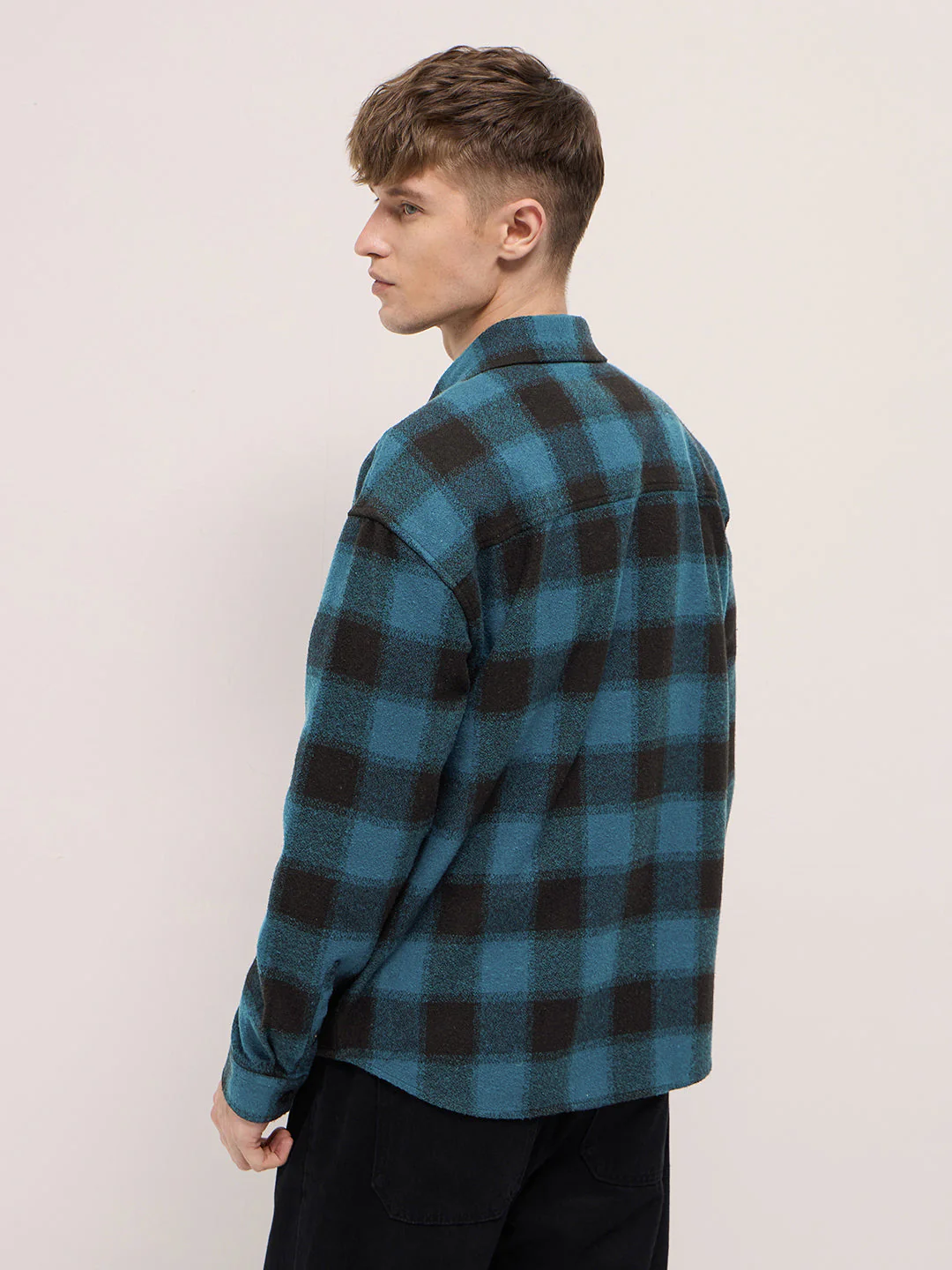 Men Blue & Black Flannel Checked Relaxed Fit Overshirt - Image 2