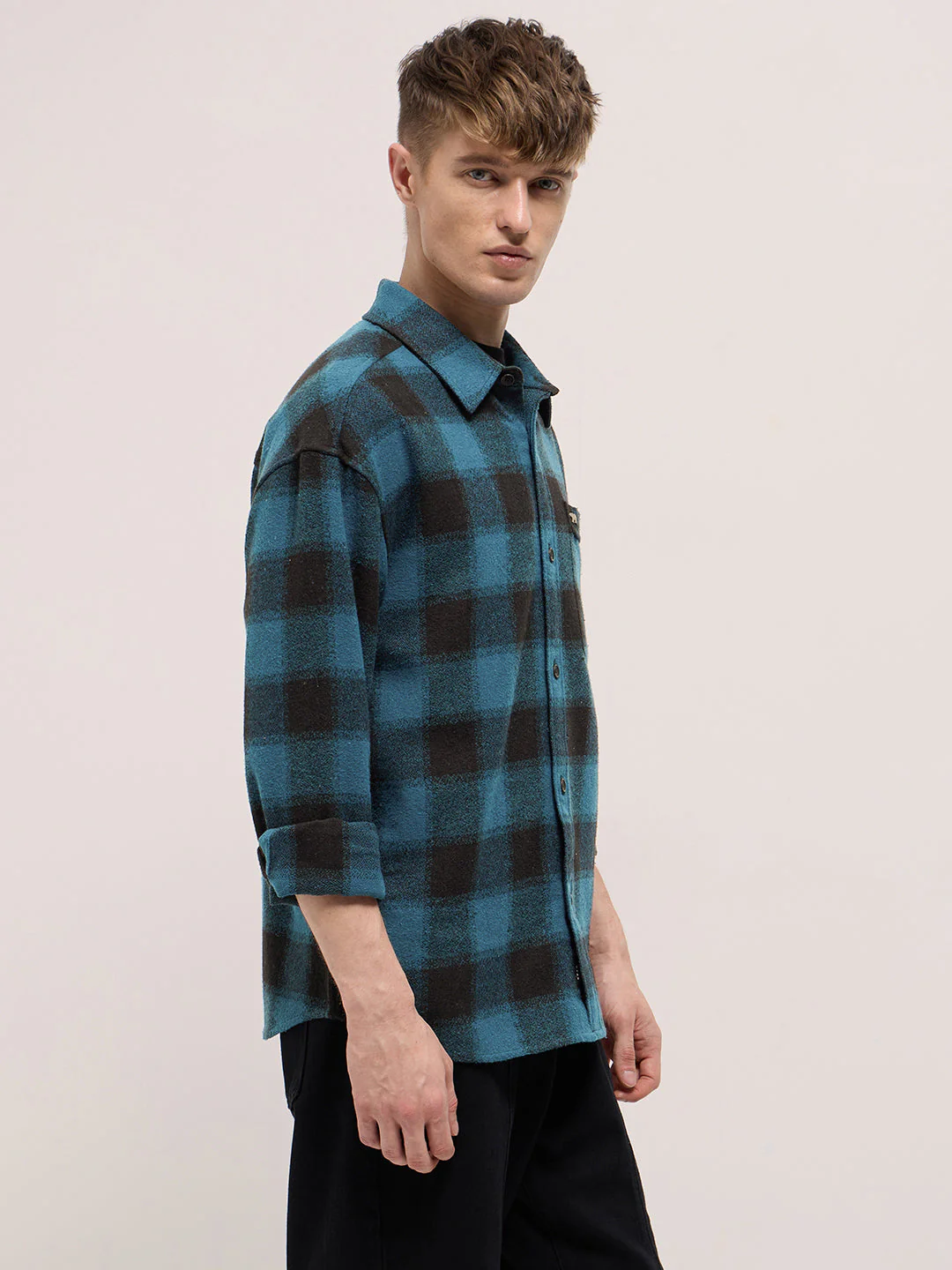 Men Blue & Black Flannel Checked Relaxed Fit Overshirt - Image 3