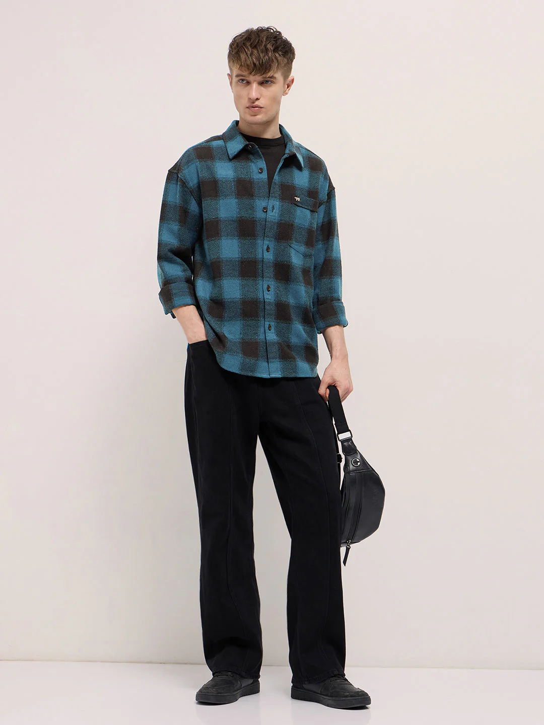 Men Blue & Black Flannel Checked Relaxed Fit Overshirt - Image 4
