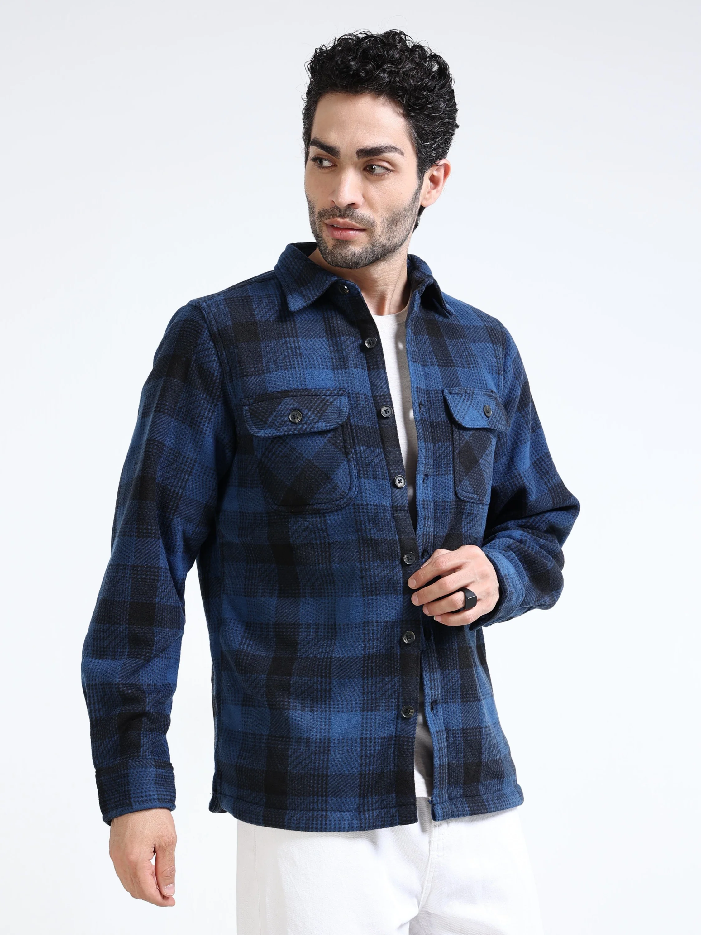 Men Blue Polar Fleece Shacket - Image 2
