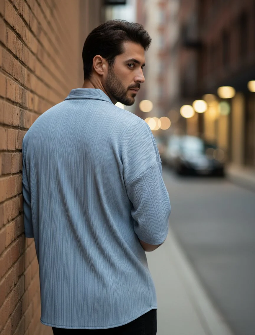 Men Blue Button Down Collar Shirt - Image 2