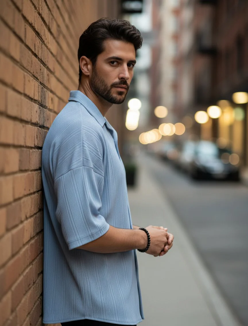 Men Blue Button Down Collar Shirt - Image 3