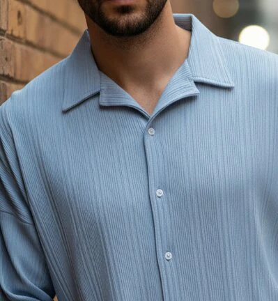 Men Blue Button Down Collar Shirt - Image 4