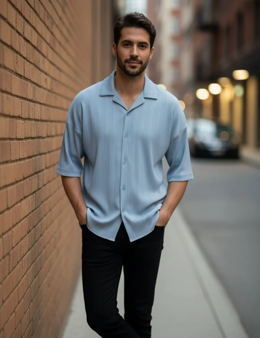 Men Blue Button Down Collar Shirt - Image 5