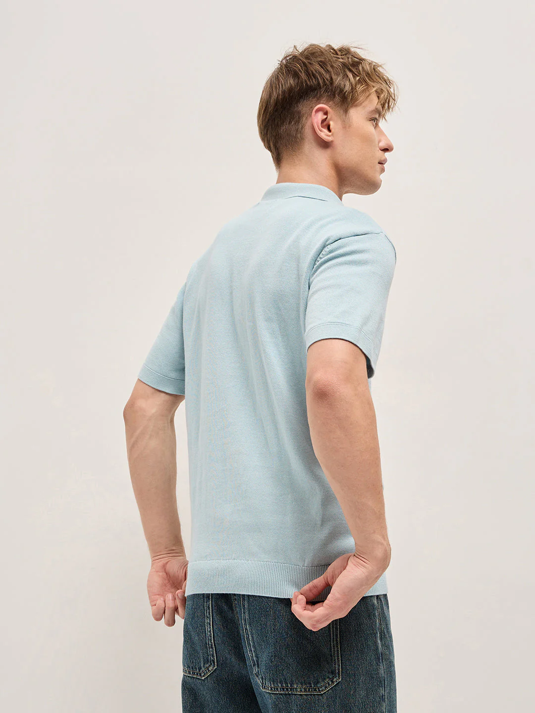 Men Blue Cable Knit Texture Design Slim Fit Polo - Image 2
