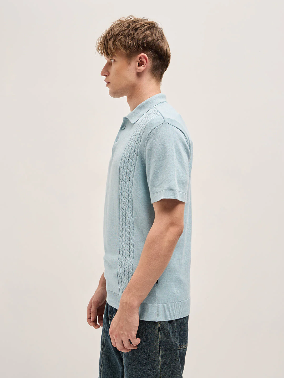 Men Blue Cable Knit Texture Design Slim Fit Polo - Image 3