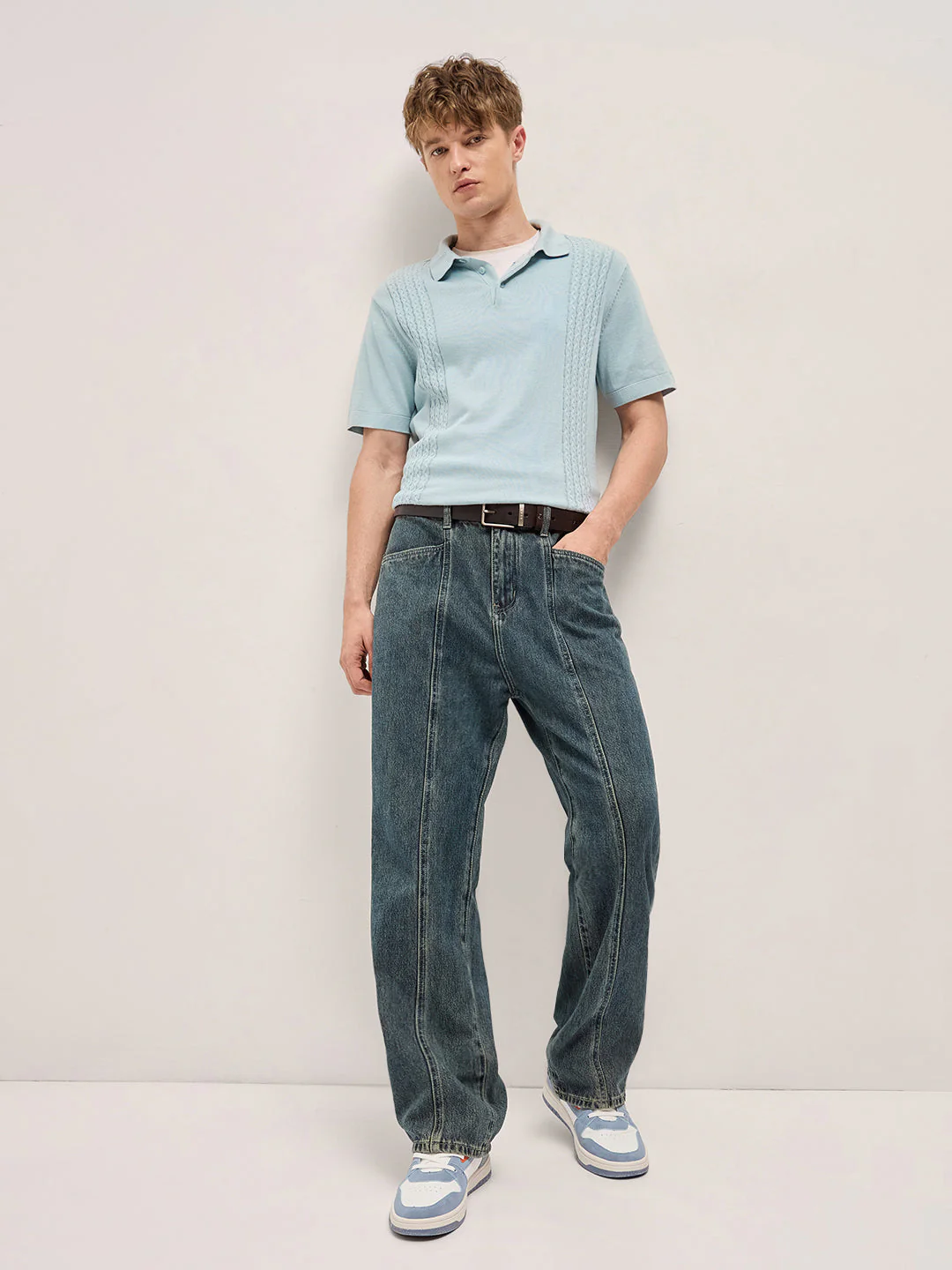 Men Blue Cable Knit Texture Design Slim Fit Polo - Image 4