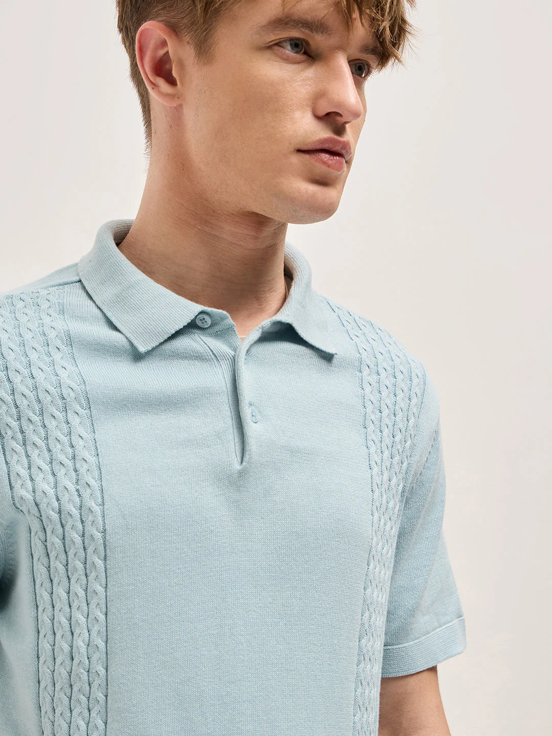 Men Blue Cable Knit Texture Design Slim Fit Polo - Image 5