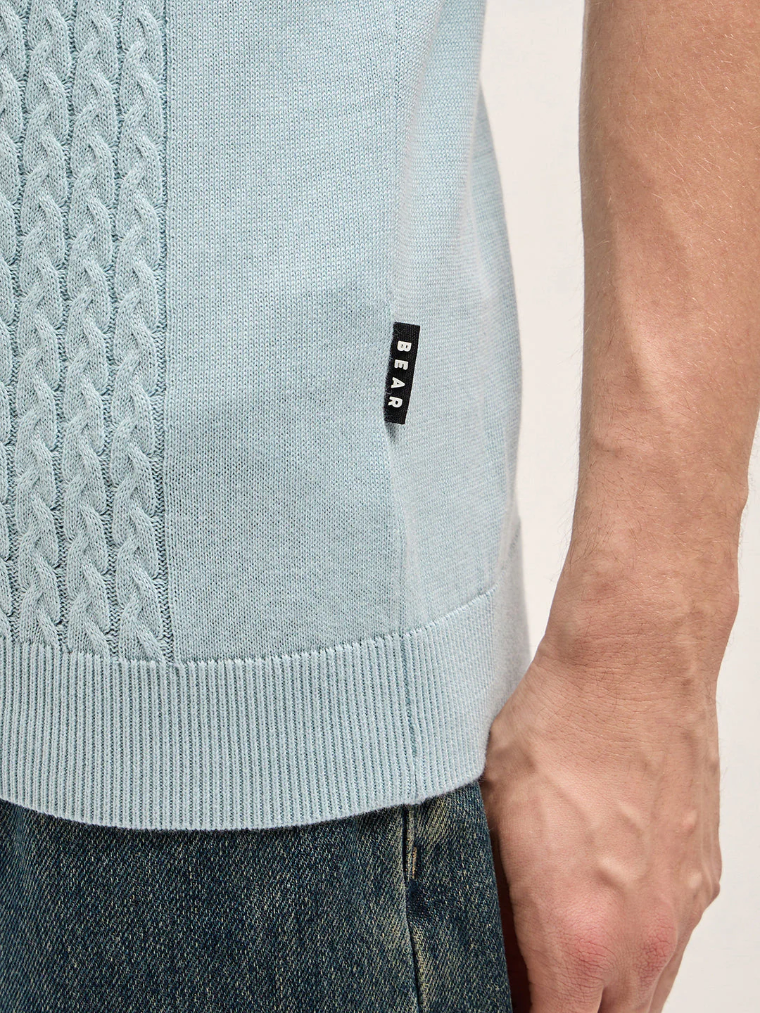 Men Blue Cable Knit Texture Design Slim Fit Polo - Image 6