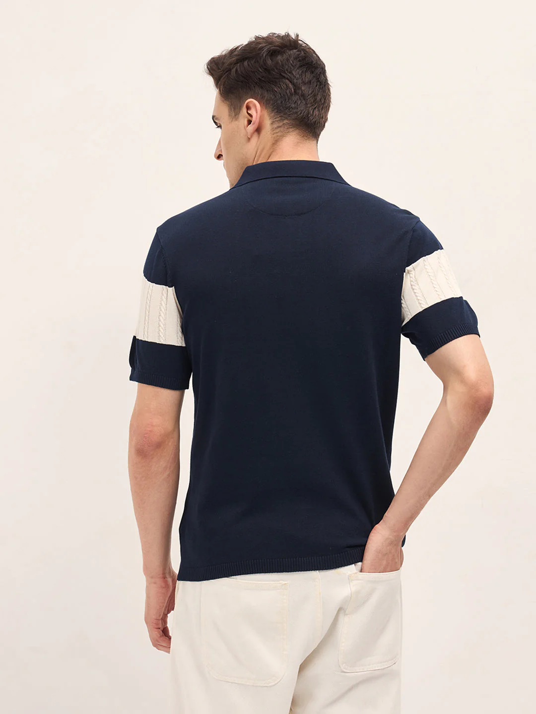 Men Blue Cable-Knit Textured Stripe Slim Fit Polo - Image 2