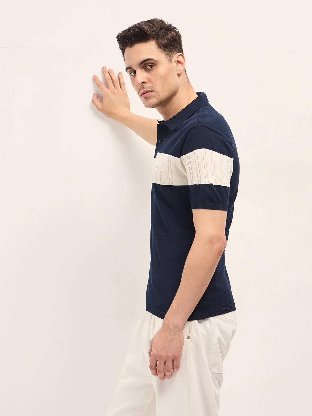 Men Blue Cable-Knit Textured Stripe Slim Fit Polo - Image 3