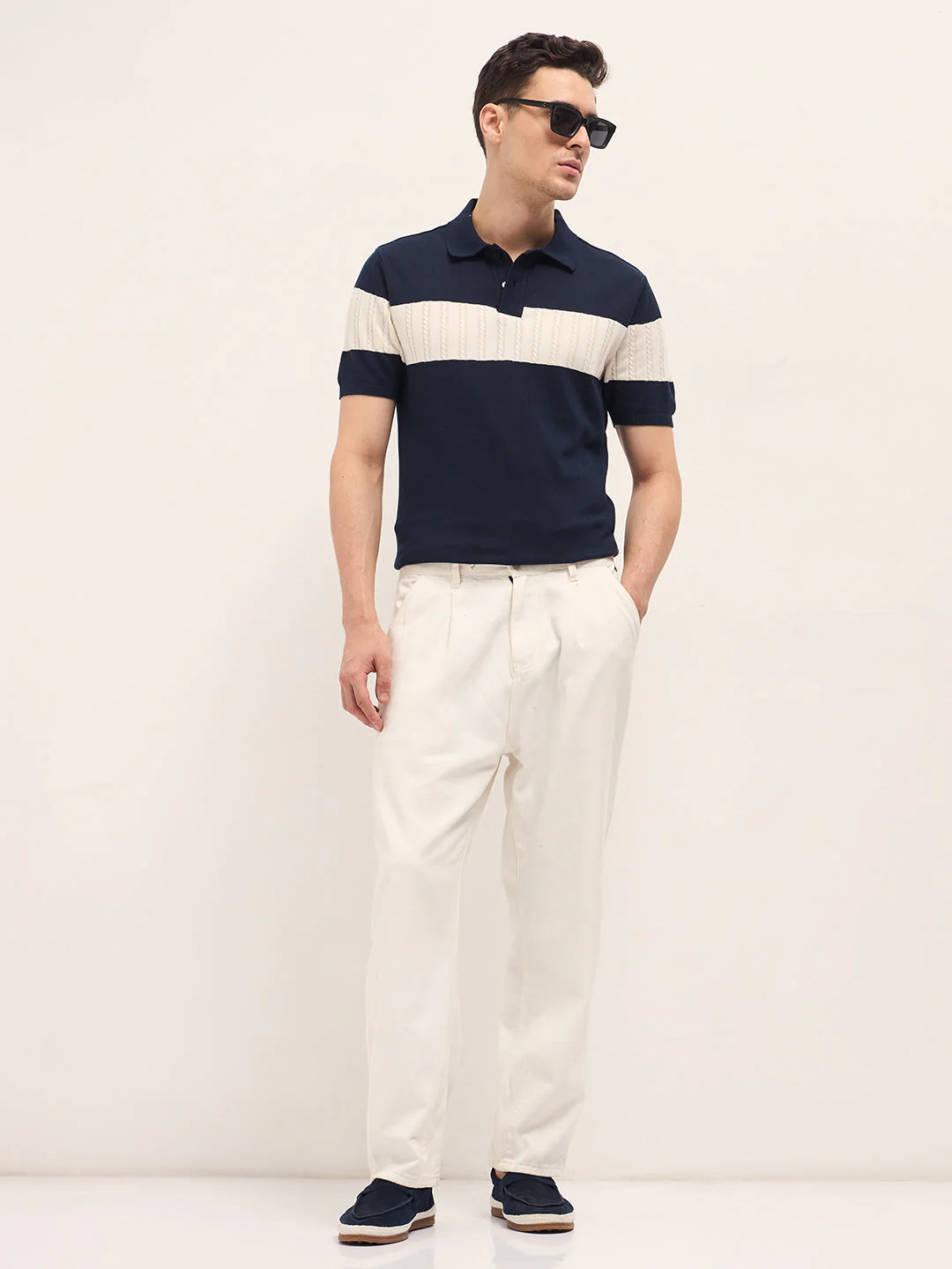 Men Blue Cable-Knit Textured Stripe Slim Fit Polo - Image 4