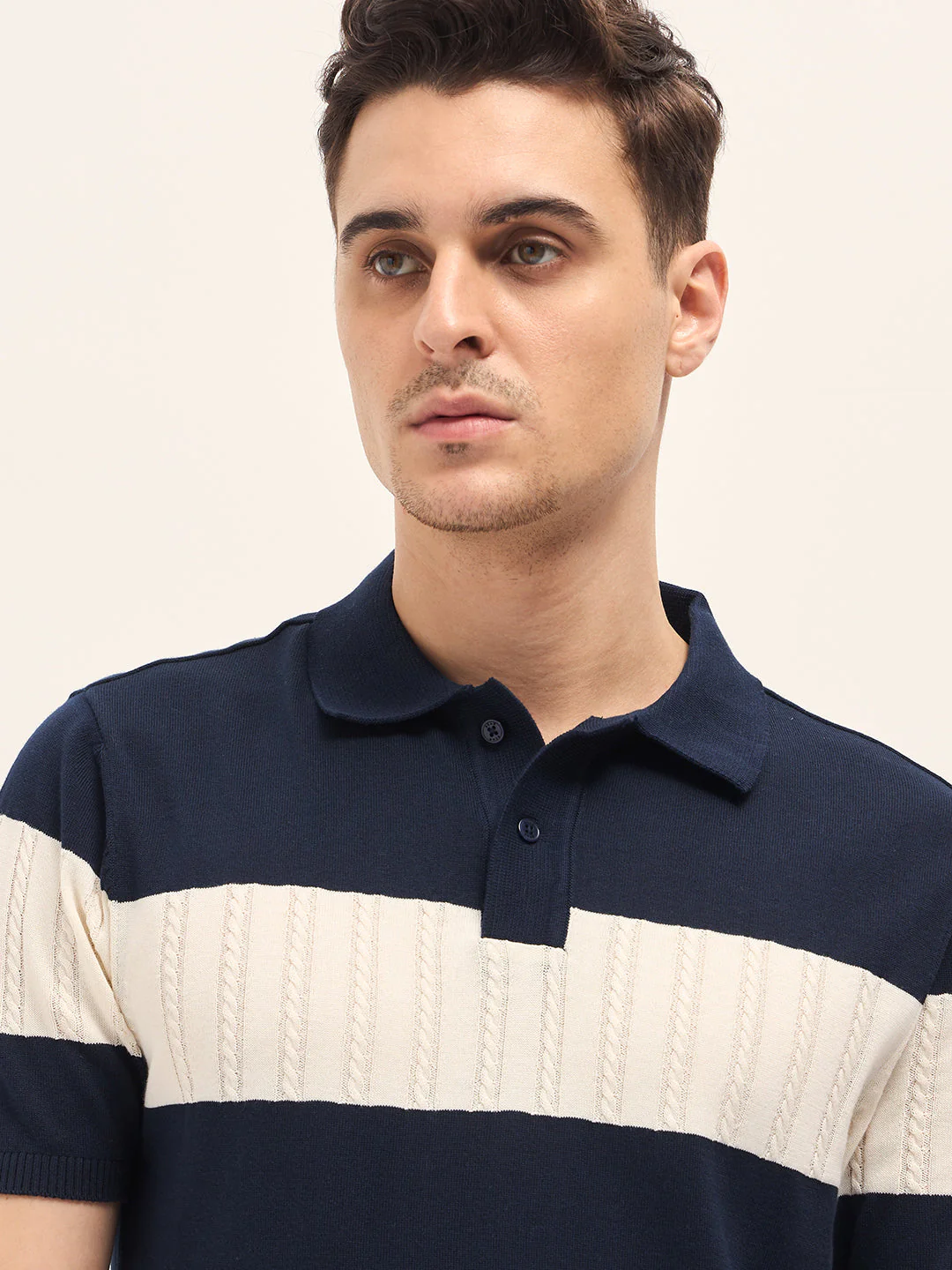 Men Blue Cable-Knit Textured Stripe Slim Fit Polo - Image 5