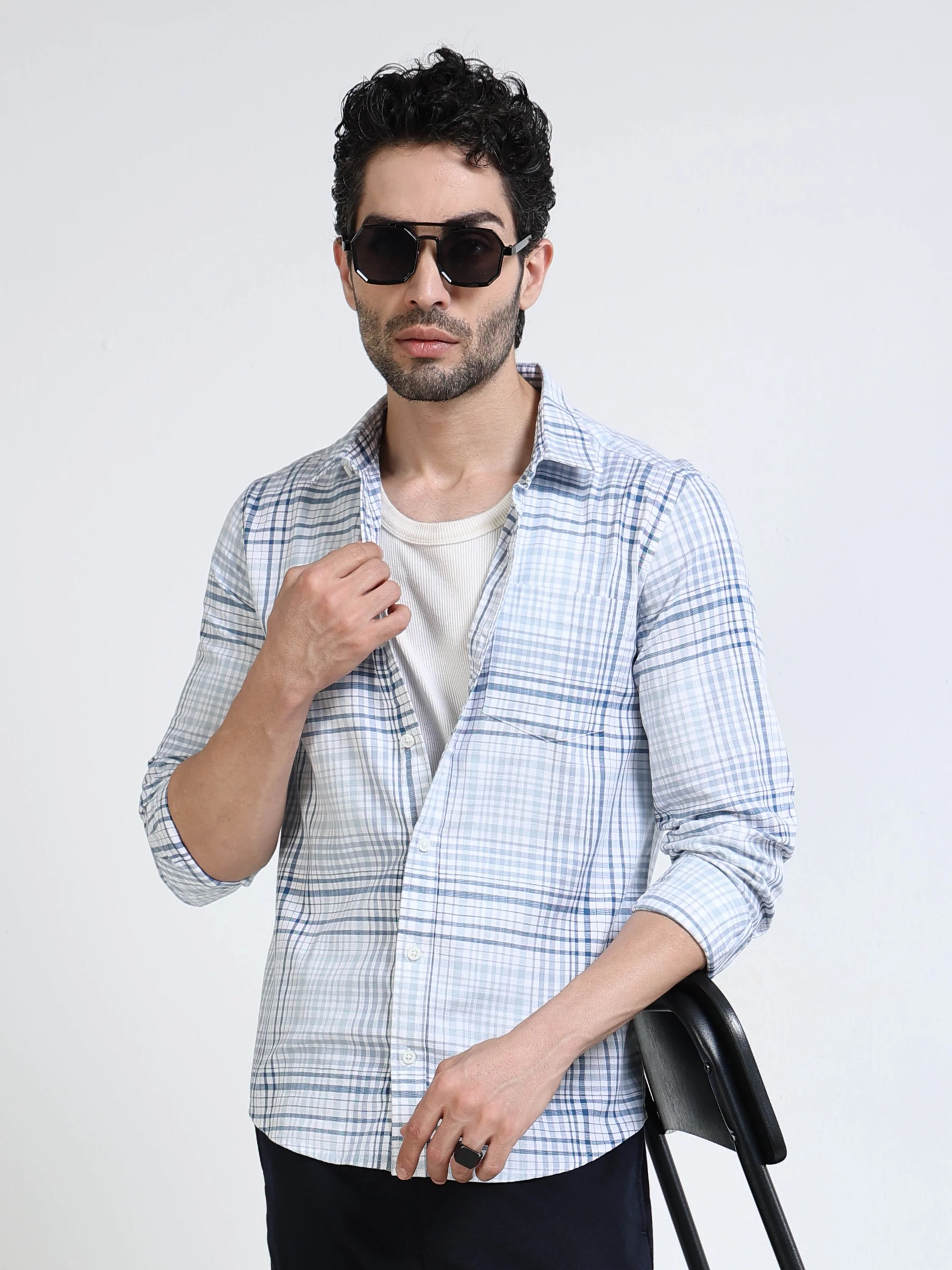 Men Blue Check Regular Fit Shirt - Image 2