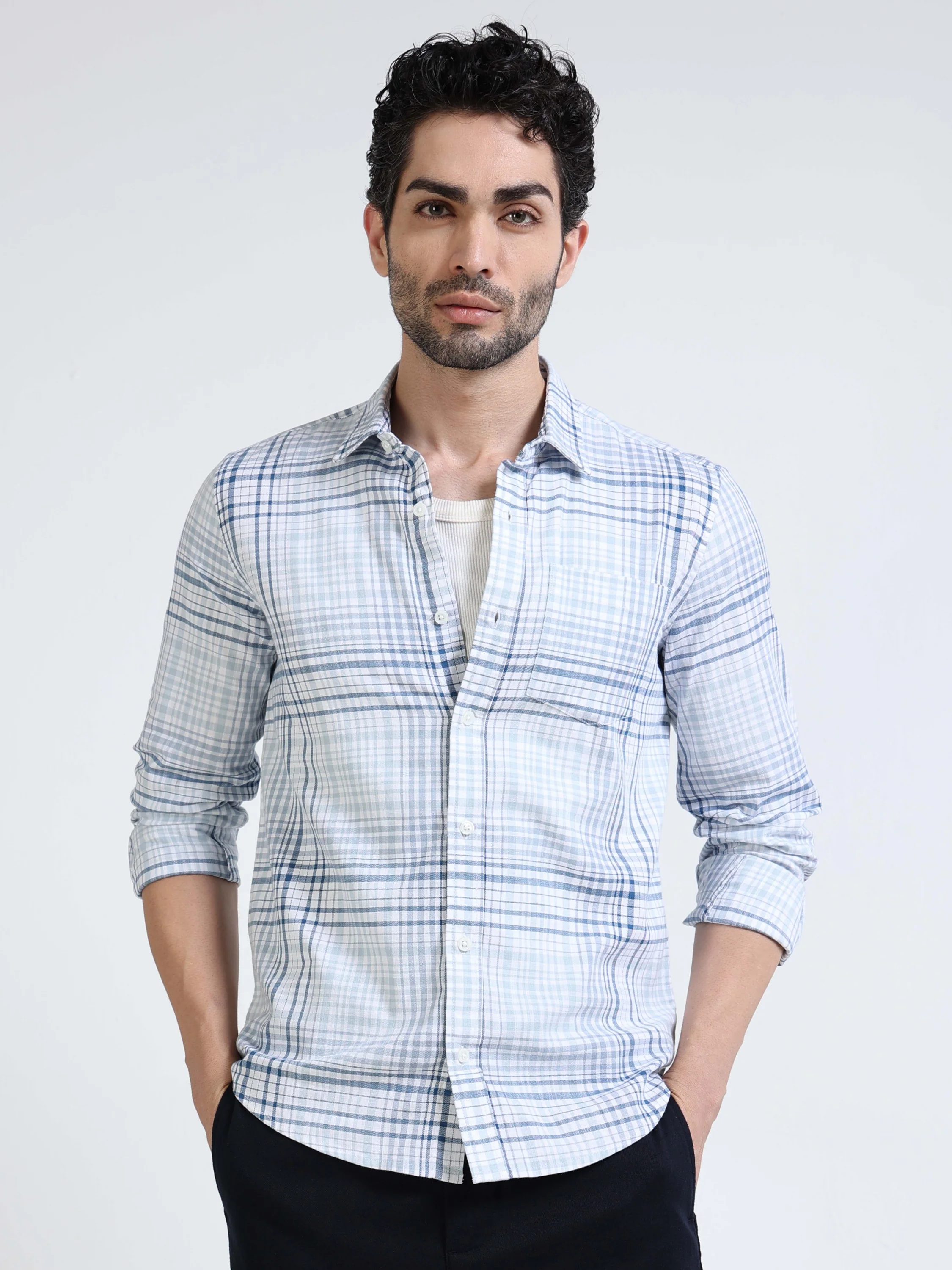 Men Blue Check Regular Fit Shirt - Image 6