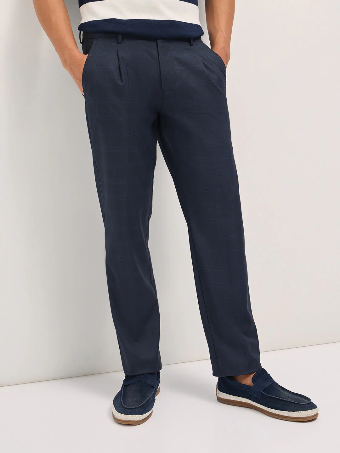Men Blue Checked Regular Fit Formal Trousers