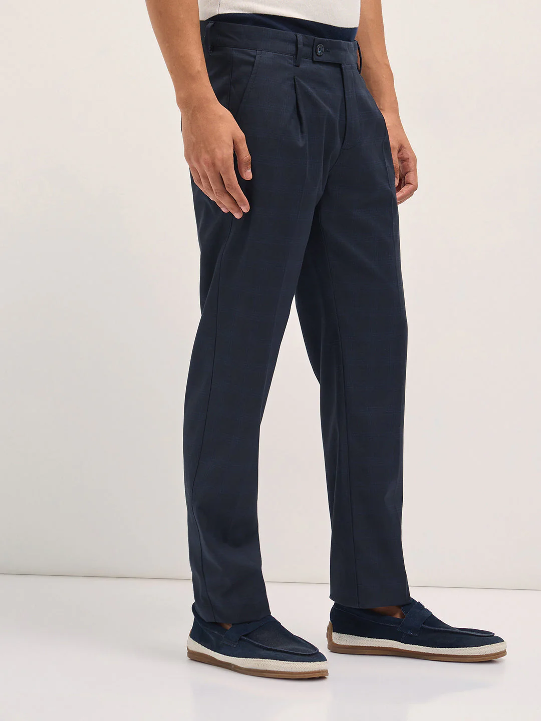 Men Blue Checked Regular Fit Formal Trousers - Image 3