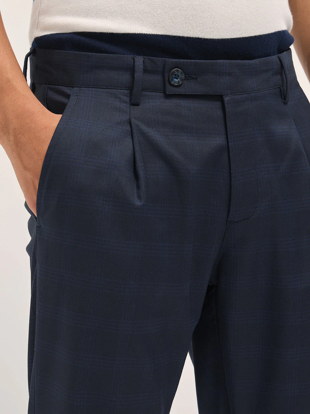 Men Blue Checked Regular Fit Formal Trousers - Image 5