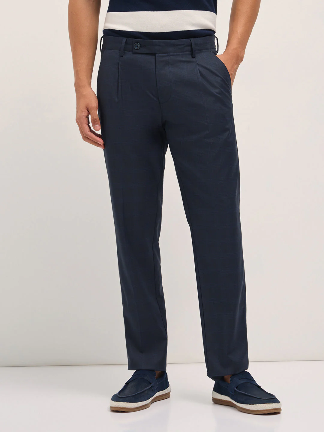 Men Blue Checked Regular Fit Formal Trousers - Image 7