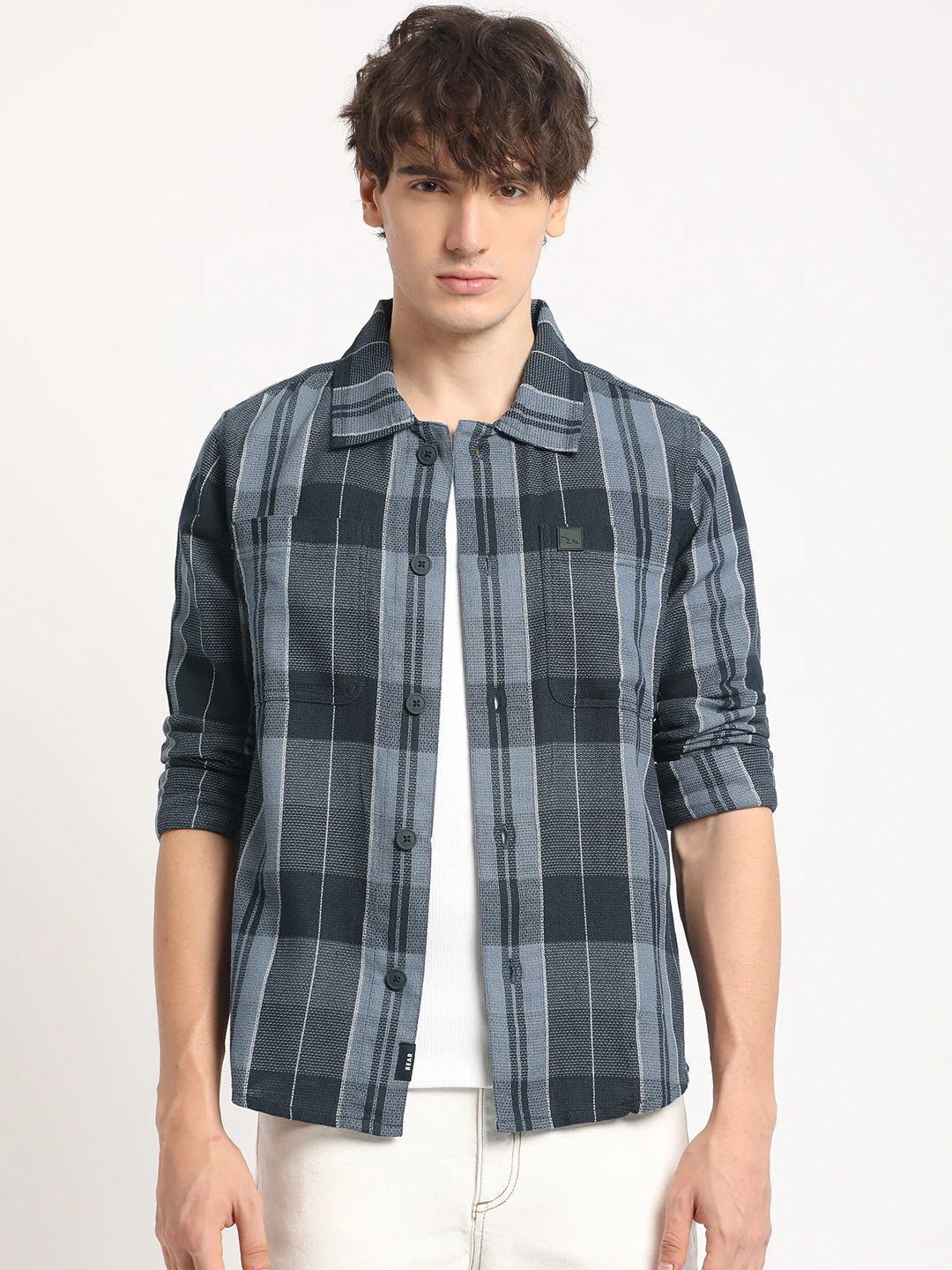Men Blue Checked Regular Fit Overshirt - Image 2