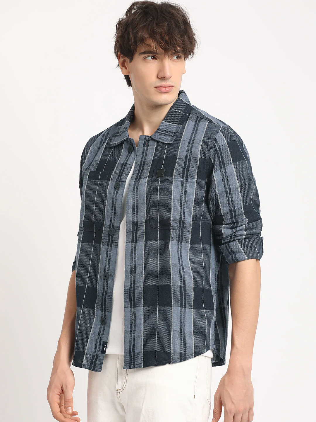 Men Blue Checked Regular Fit Overshirt - Image 3