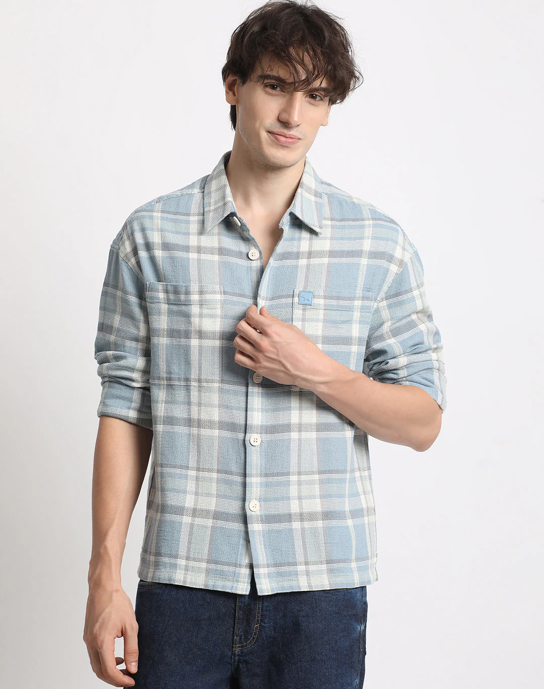 Men  Blue Checked Relaxed Fit Casual Shacket - Image 2