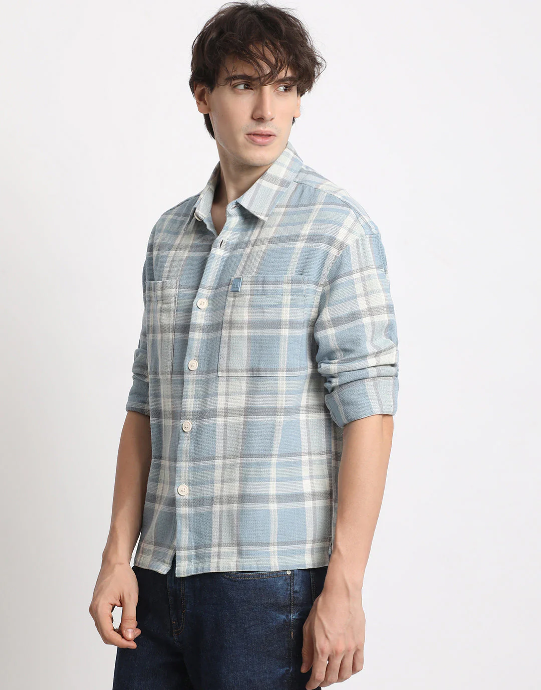 Men  Blue Checked Relaxed Fit Casual Shacket - Image 3