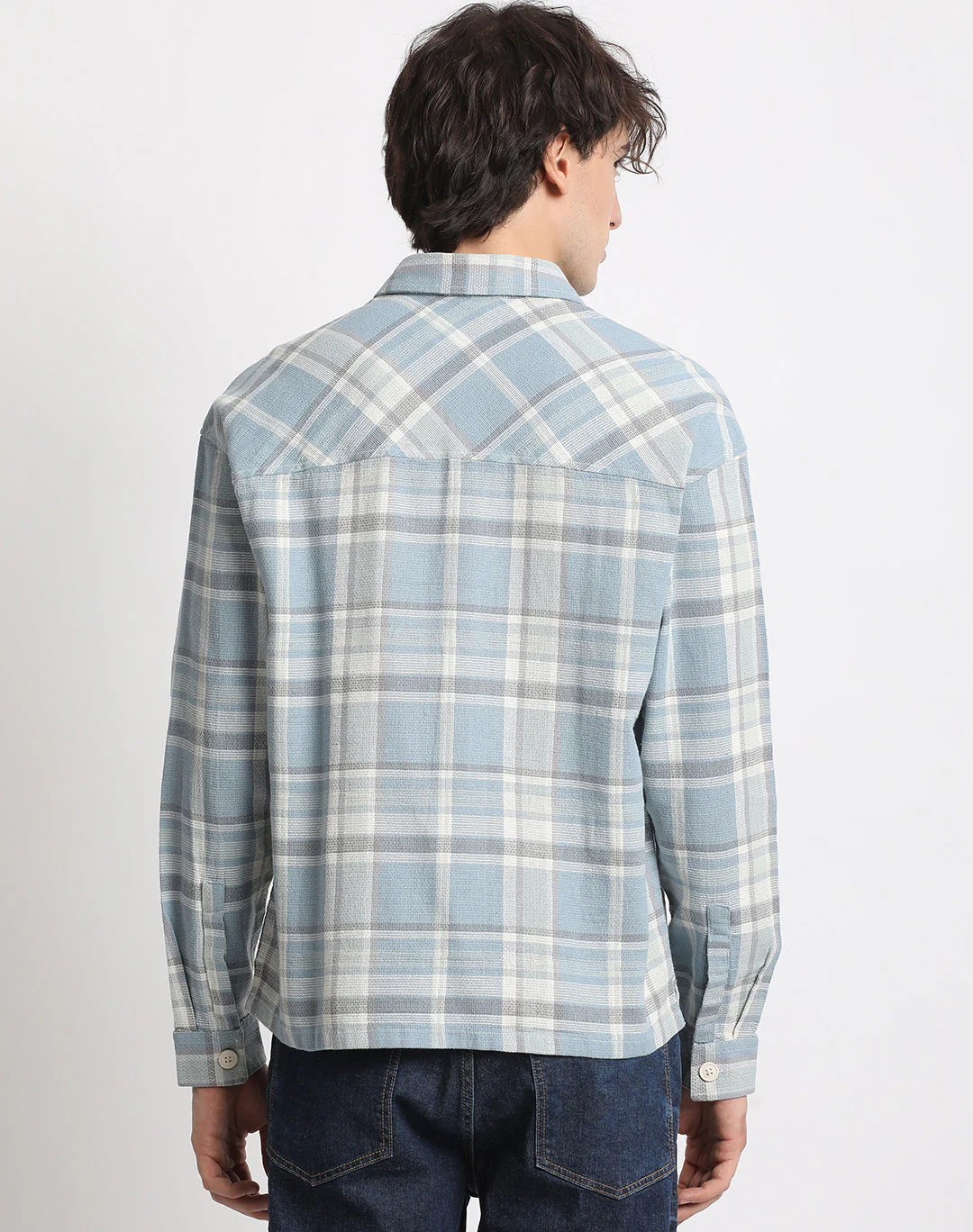 Men  Blue Checked Relaxed Fit Casual Shacket - Image 4