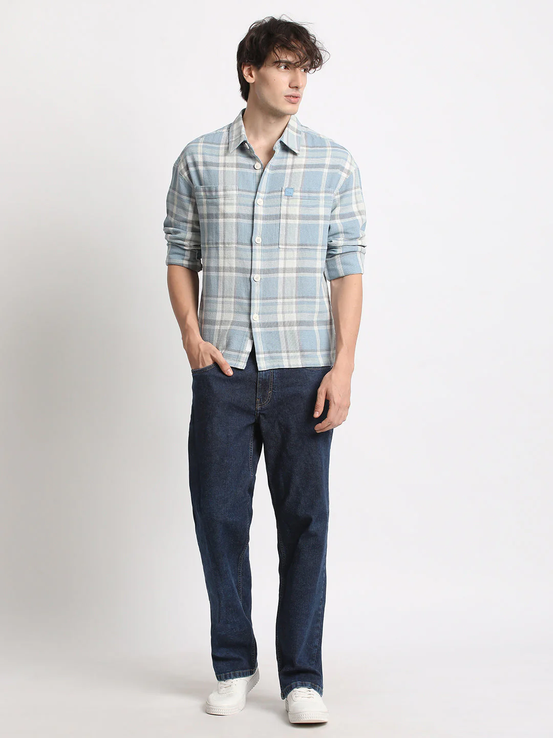 Men  Blue Checked Relaxed Fit Casual Shacket - Image 5