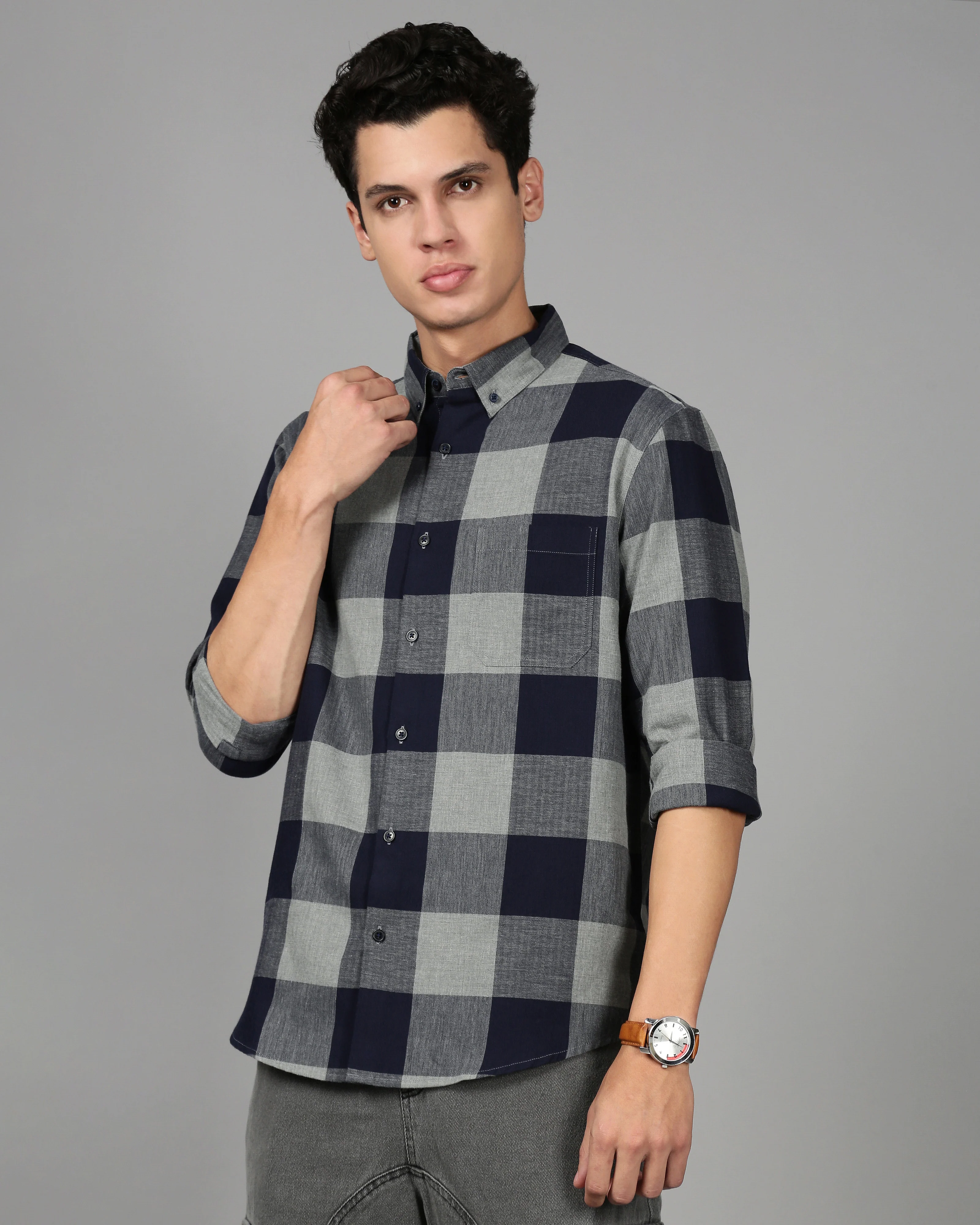 Men Blue Checked Shirt - Image 5