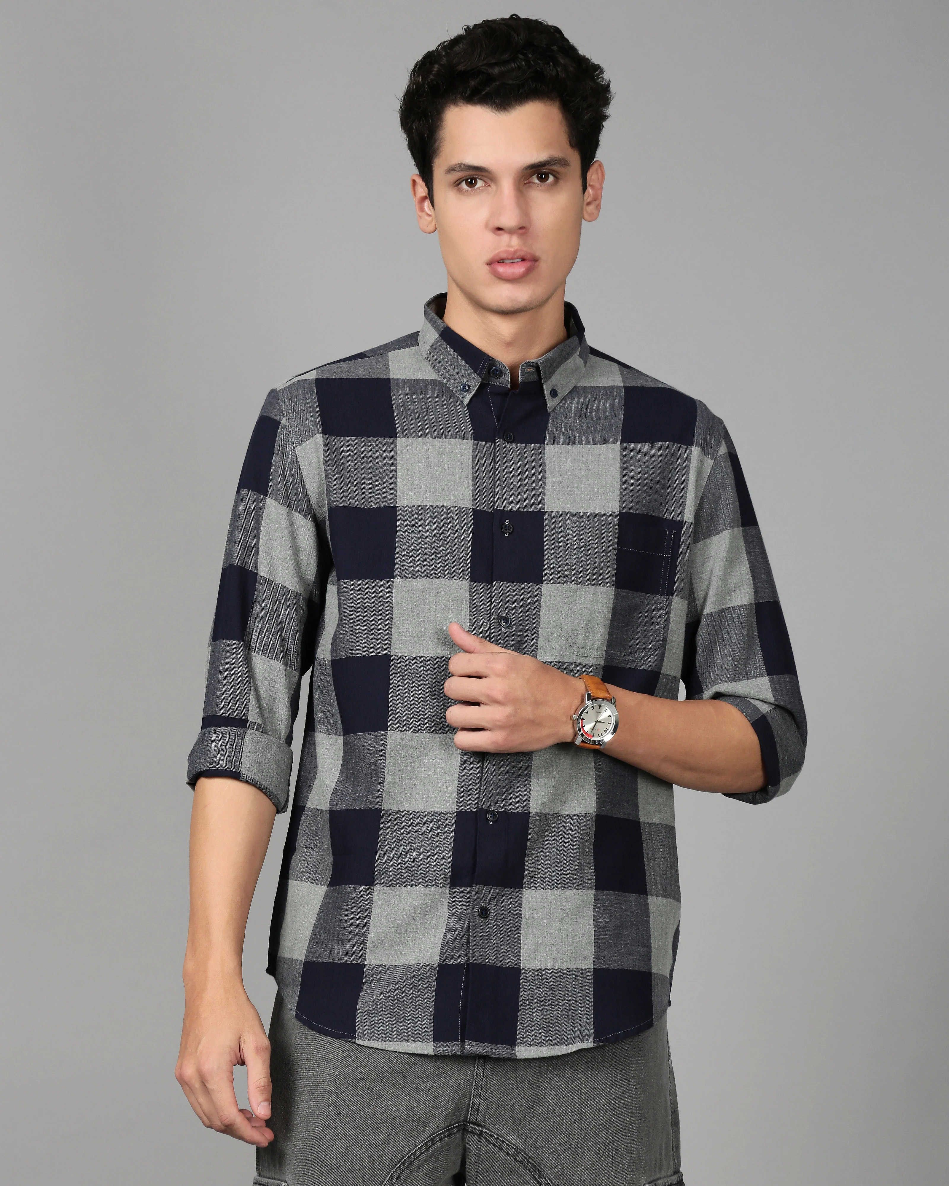 Men Blue Checked Shirt - Image 6