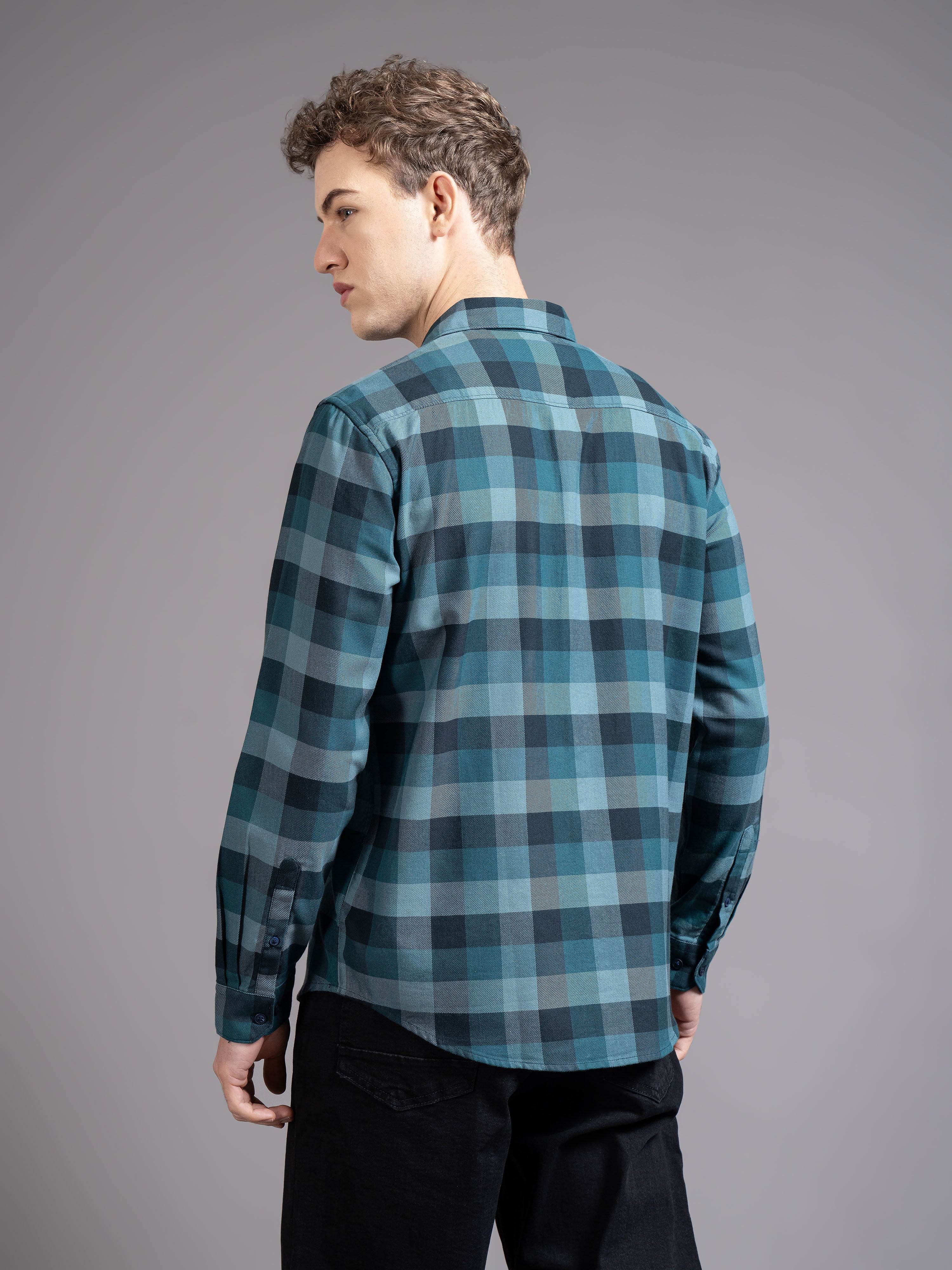 Men Blue Checked Shirt - Image 2