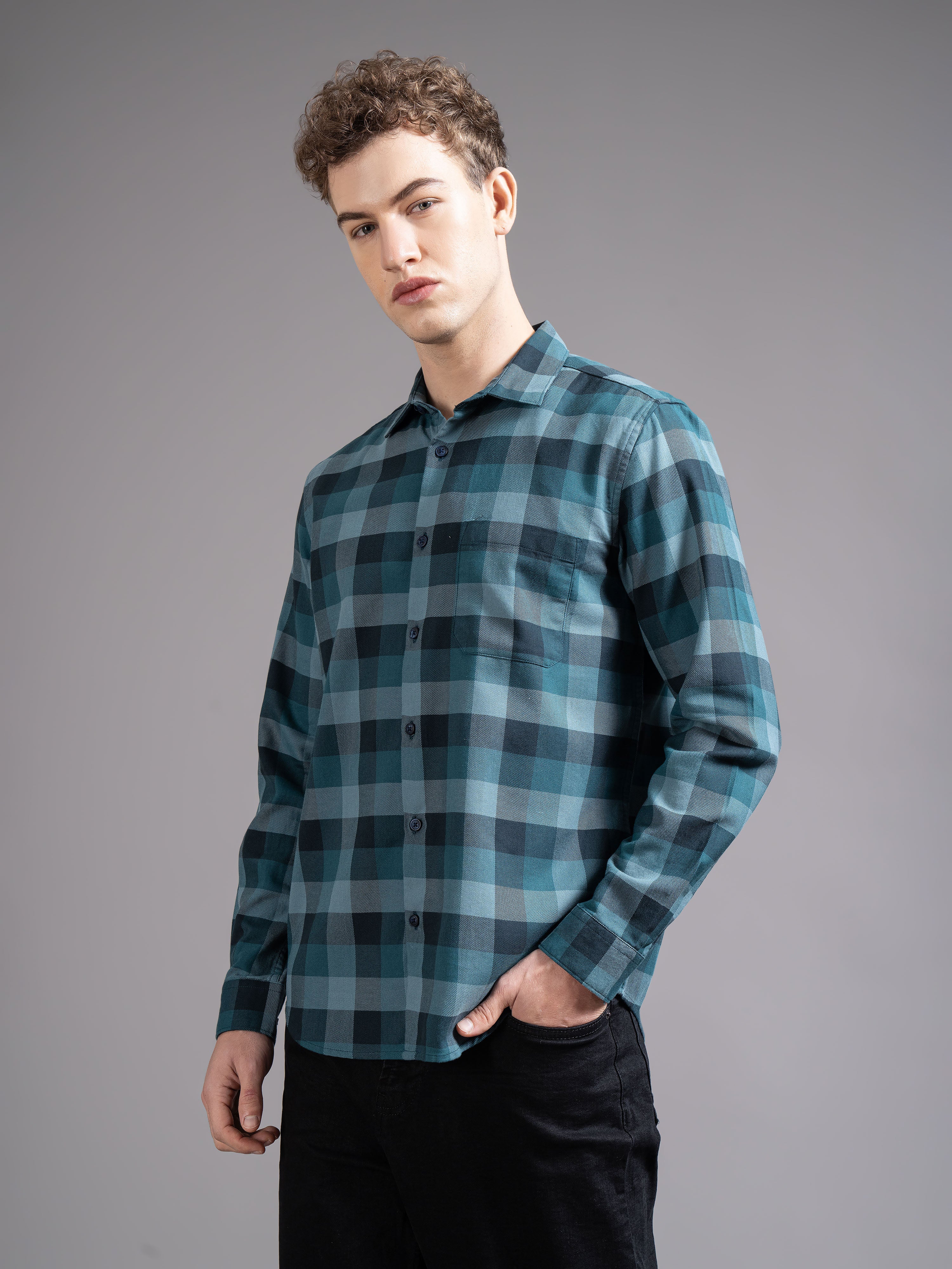 Men Blue Checked Shirt - Image 3