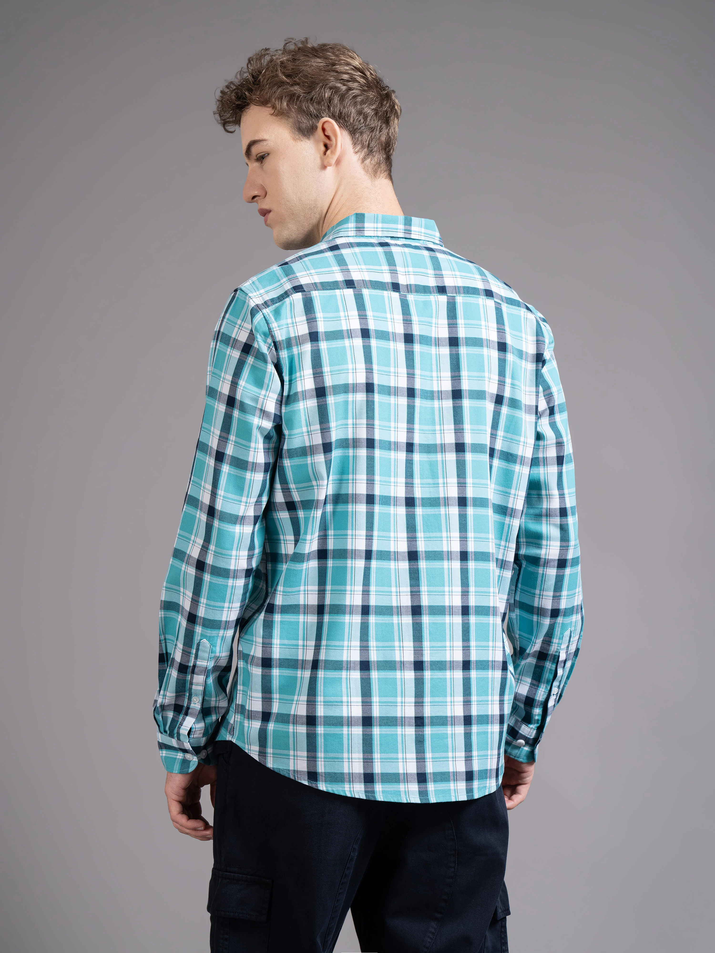 Men Blue Checked Shirt - Image 2