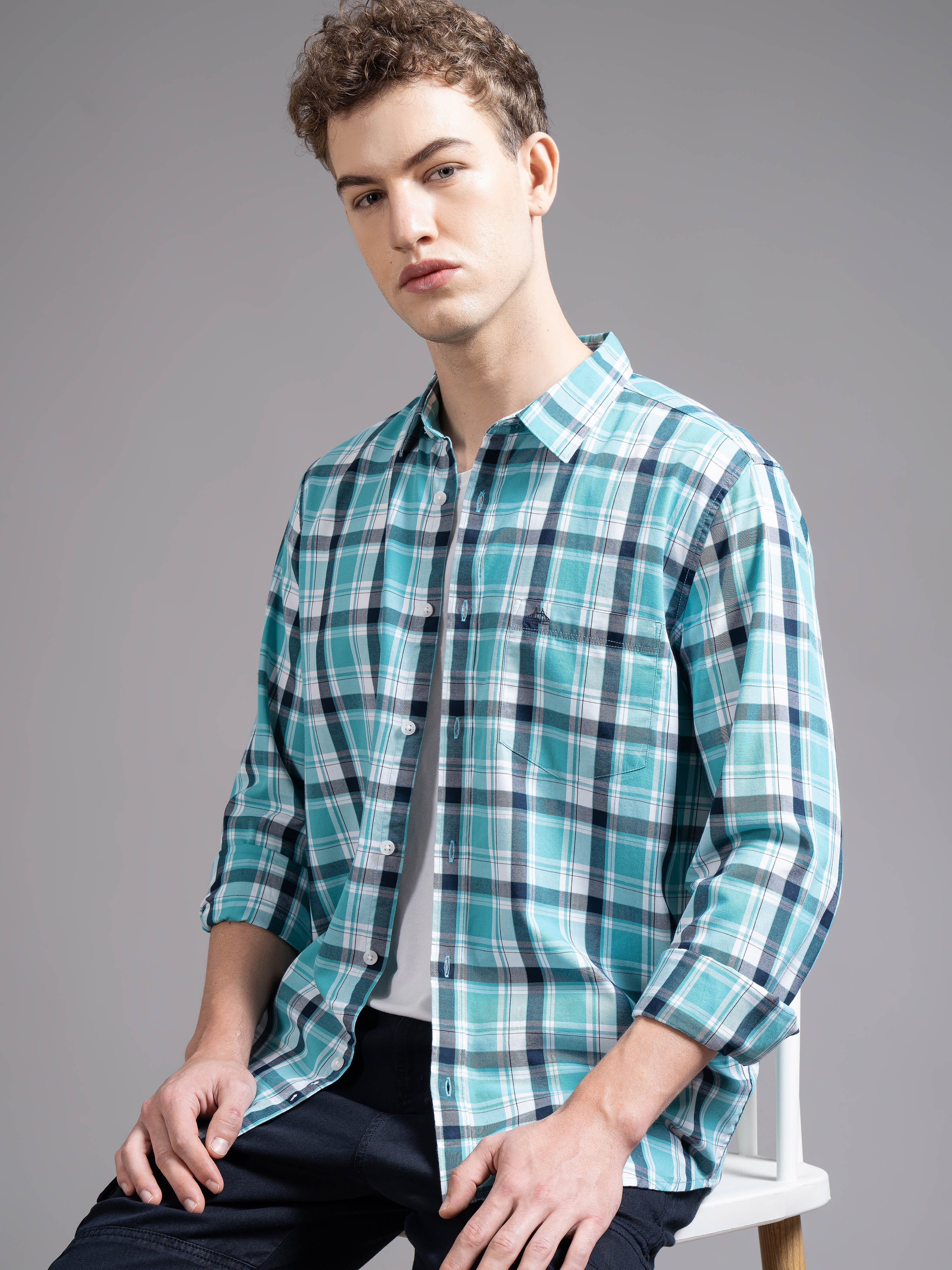 Men Blue Checked Shirt - Image 3