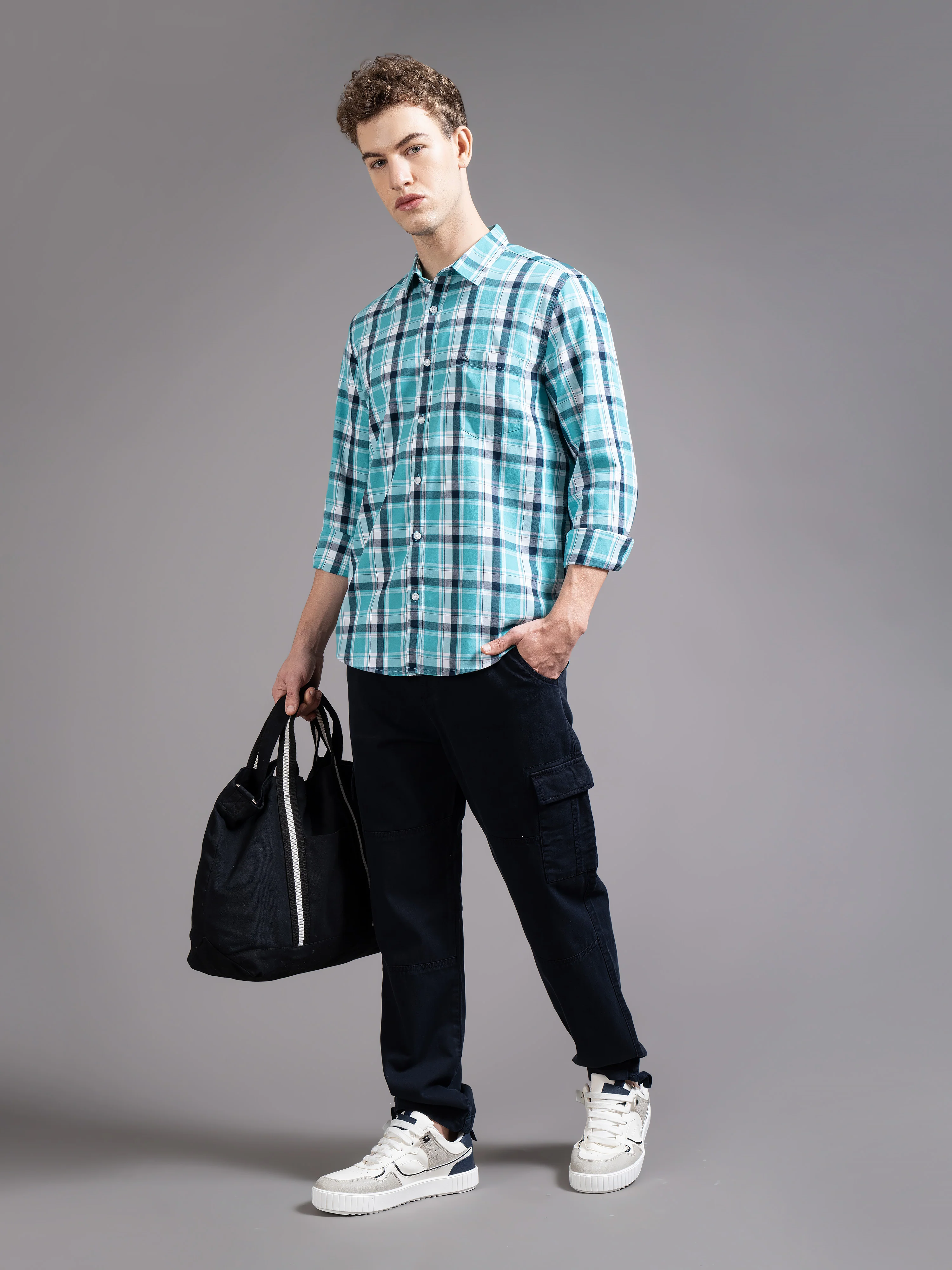 Men Blue Checked Shirt - Image 4