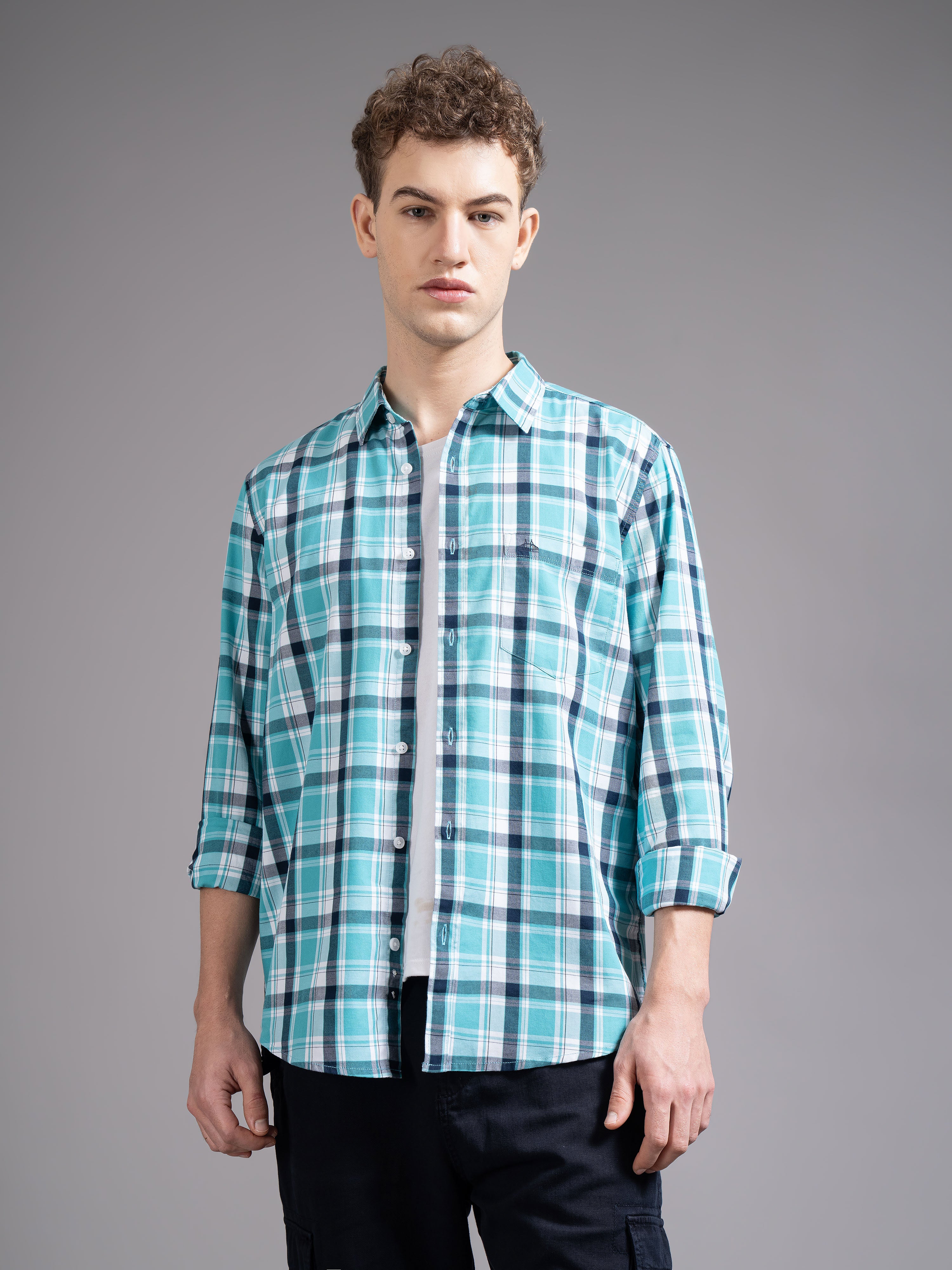 Men Blue Checked Shirt - Image 6