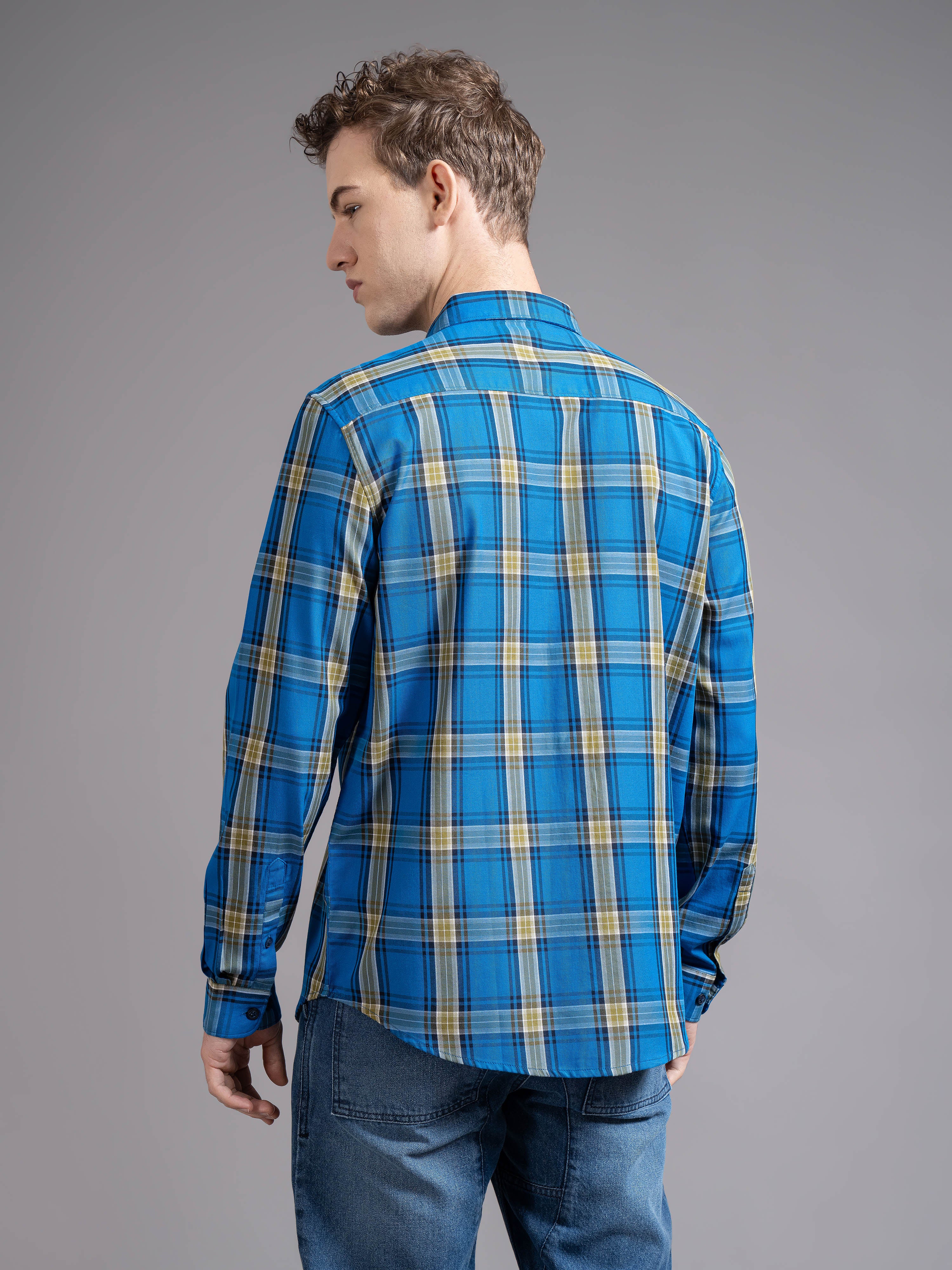 Men Blue Checked Shirt - Image 2
