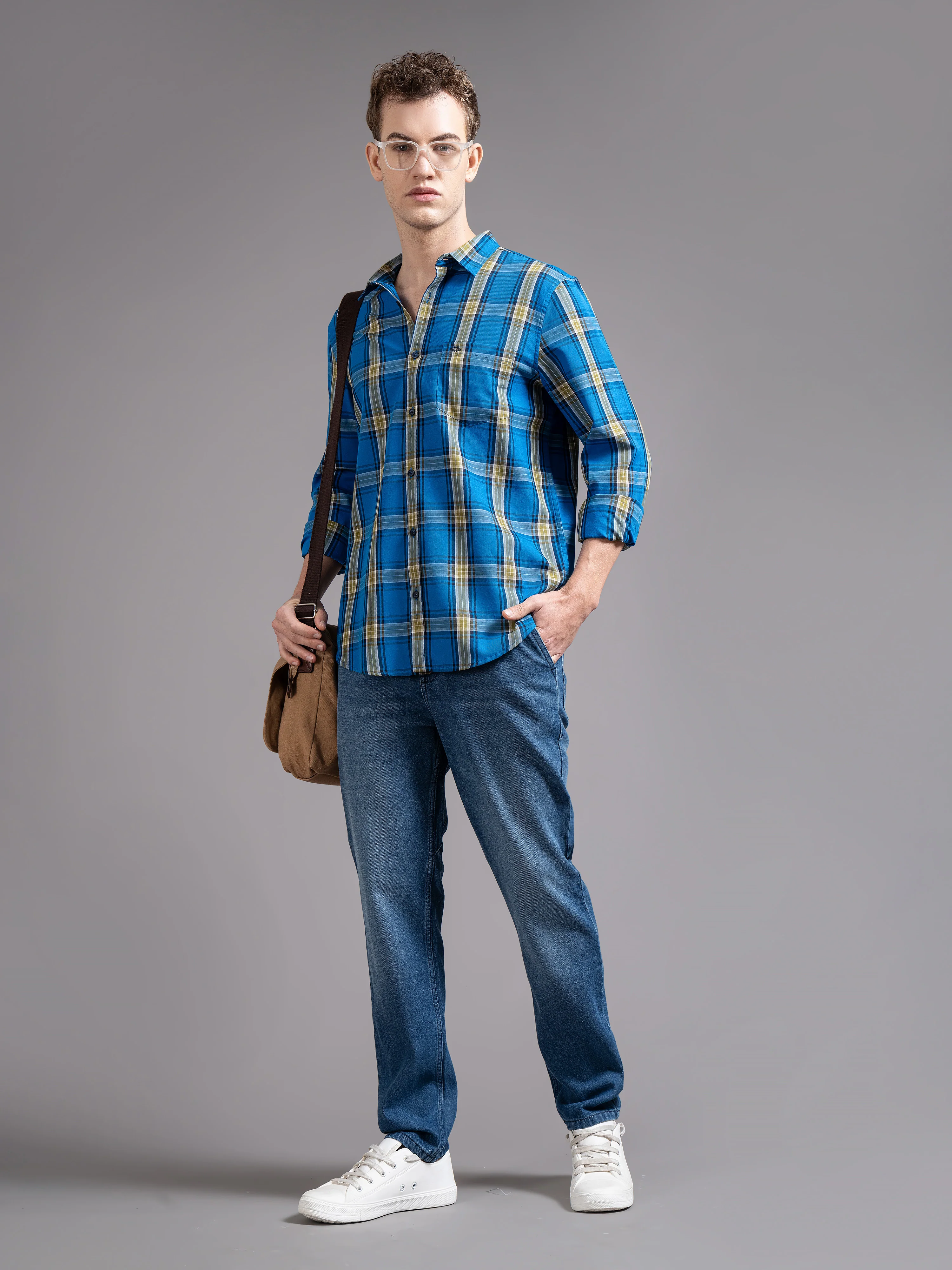 Men Blue Checked Shirt - Image 3