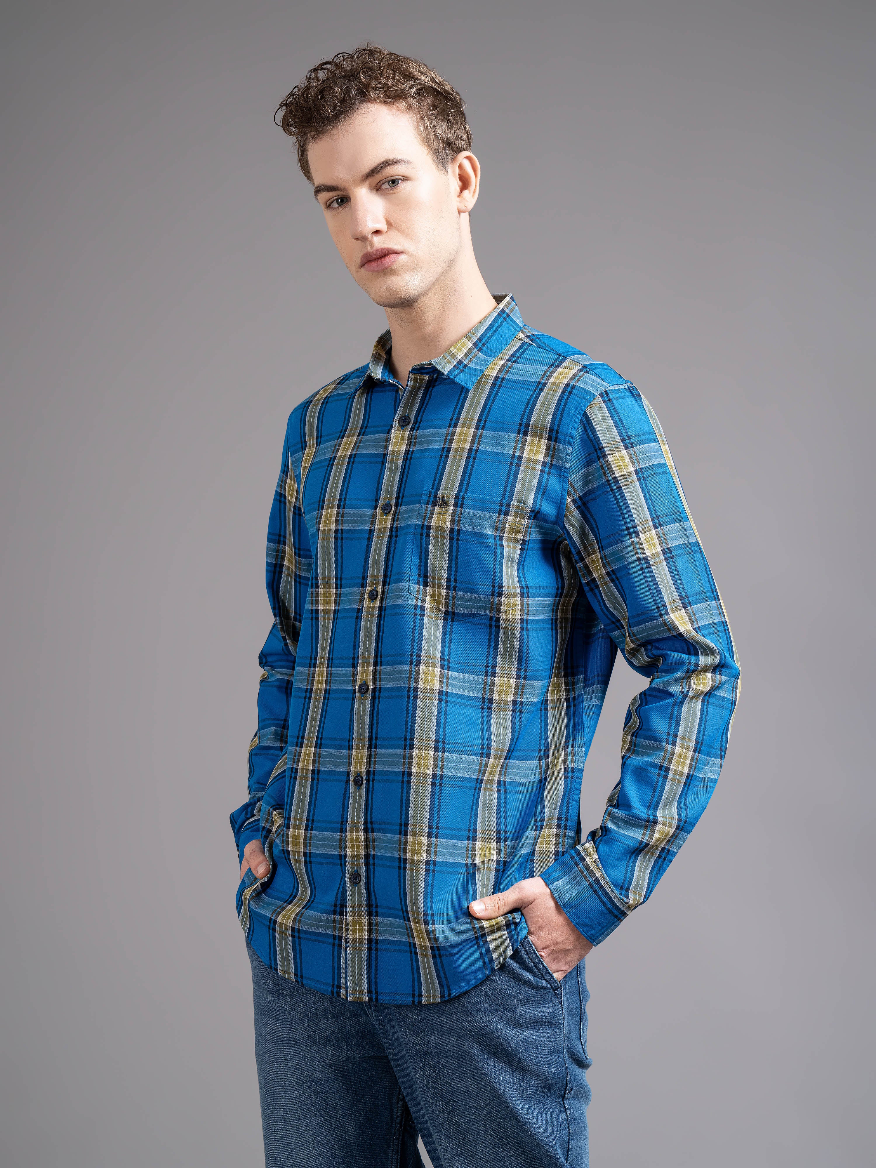 Men Blue Checked Shirt - Image 6