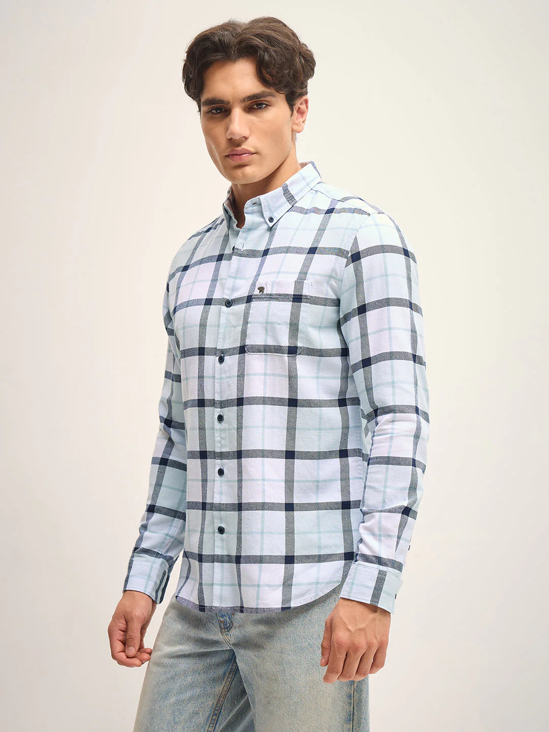 Men Blue Checked Slim Fit Casual Shirt - Image 3