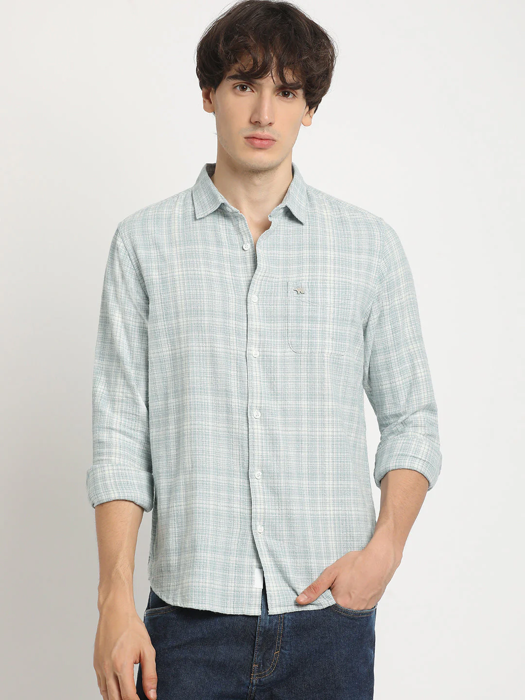 Men  Blue Checked Slim Fit Cotton Casual Shirt - Image 2