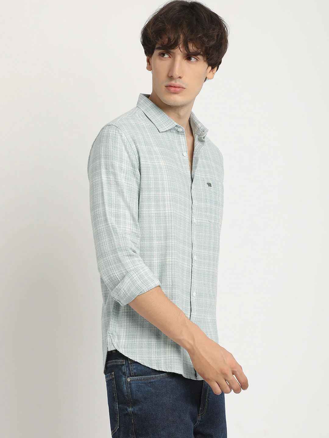 Men  Blue Checked Slim Fit Cotton Casual Shirt - Image 3