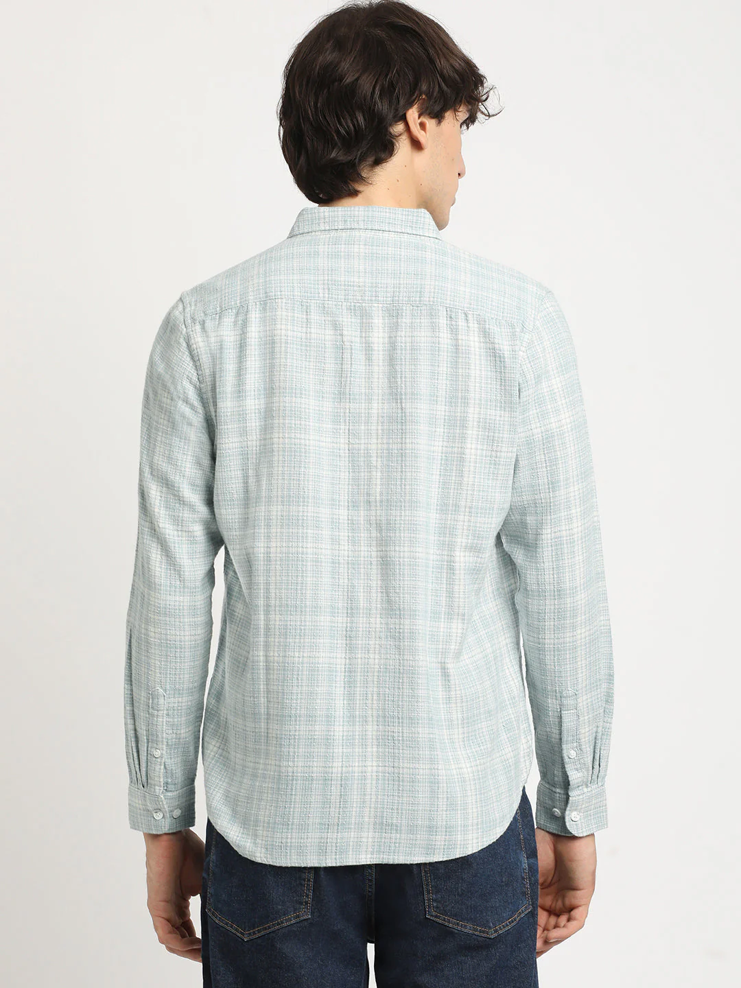 Men  Blue Checked Slim Fit Cotton Casual Shirt - Image 4